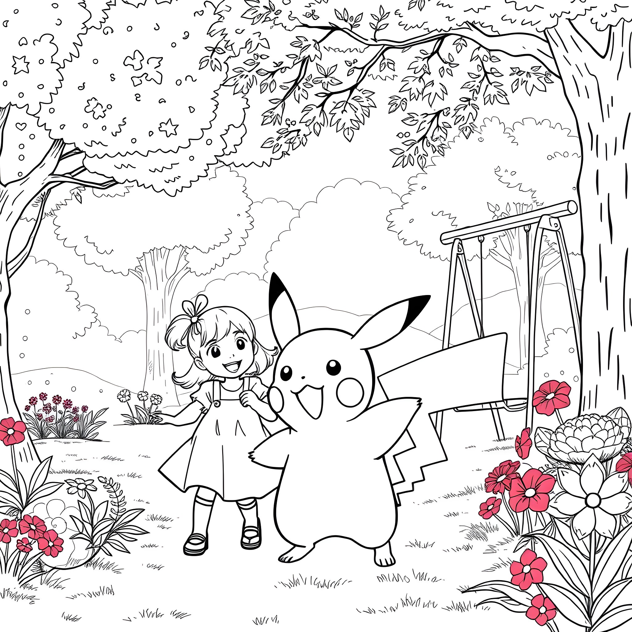 Pikachu and girl exploring the woods Coloring Page (free black-and-white line drawing printable PDF for all, from beginners to advanced learners, including children, teens, adults, and seniors)