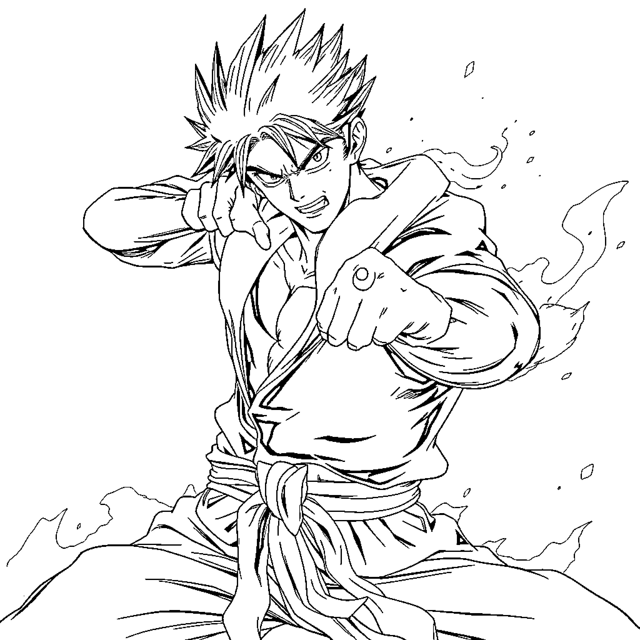 Roronoa Zoro's Fierce Fighting Stance Coloring Page (free black-and-white line drawing printable PDF for all, from beginners to advanced learners, including children, teens, adults, and seniors)