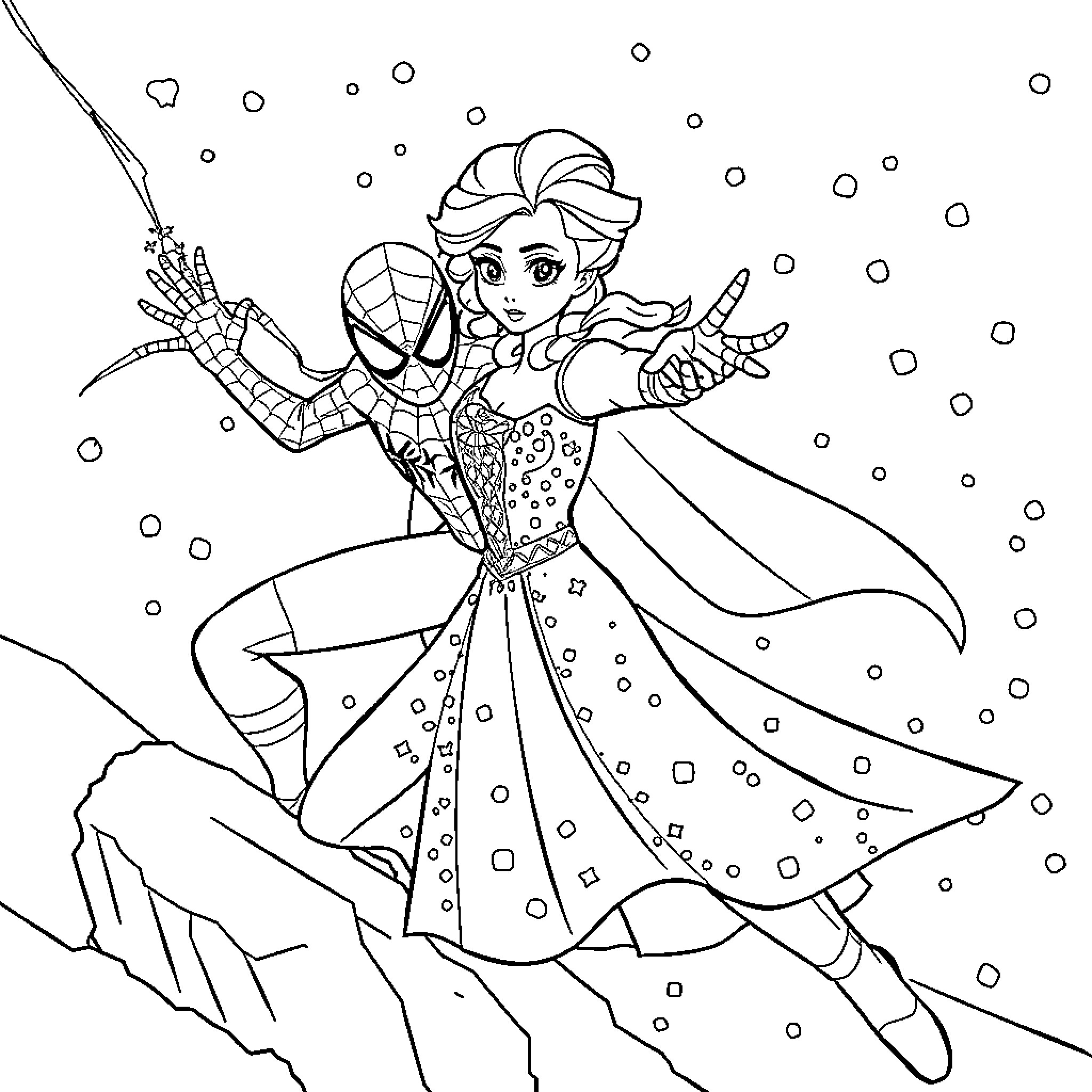 Frozen superheroine dancing in the snow Coloring Page (free black-and-white line drawing printable PDF for all, from beginners to advanced learners, including children, teens, adults, and seniors)