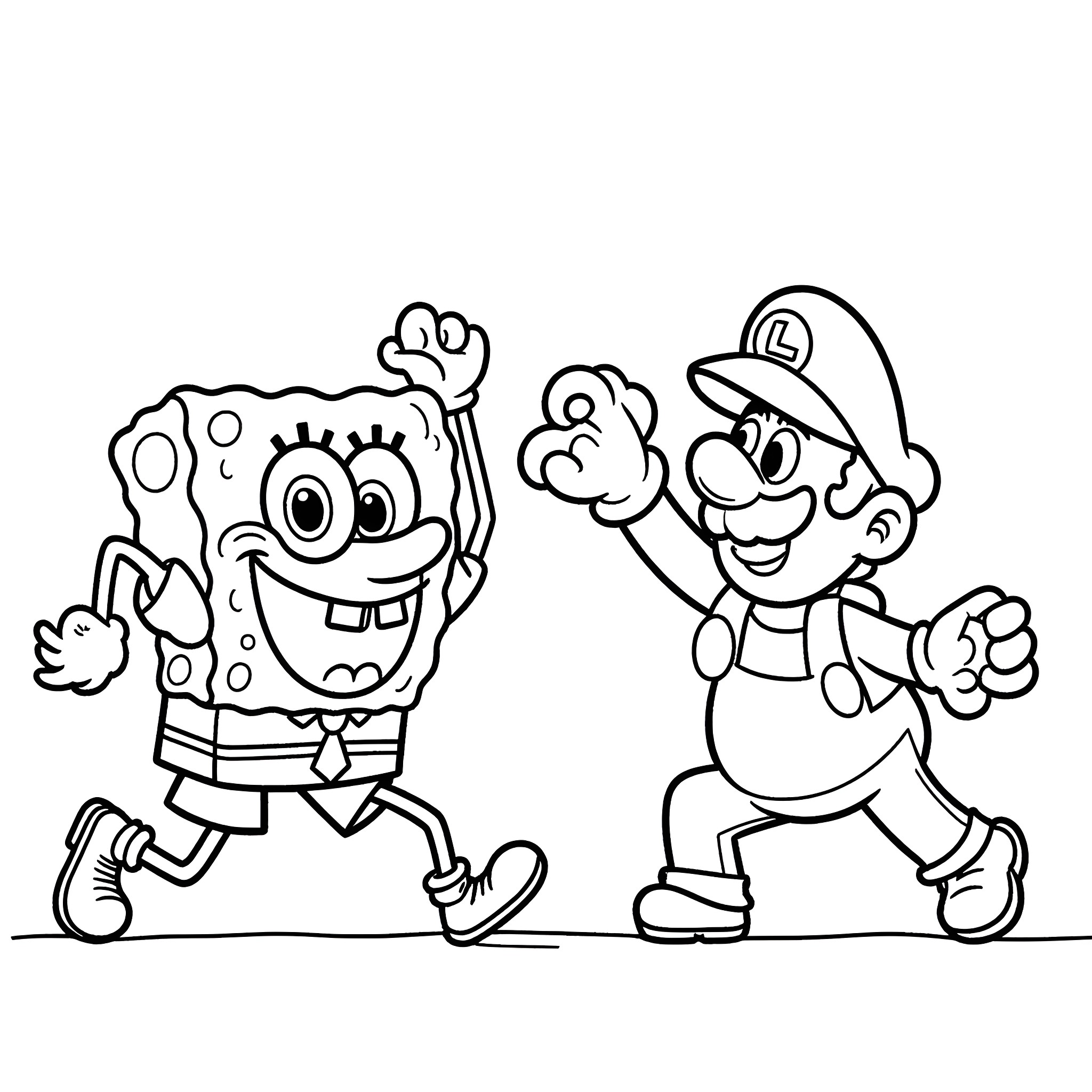 Spongebob and Mario having fun together Coloring Page (free black-and-white line drawing printable PDF for all, from beginners to advanced learners, including children, teens, adults, and seniors)