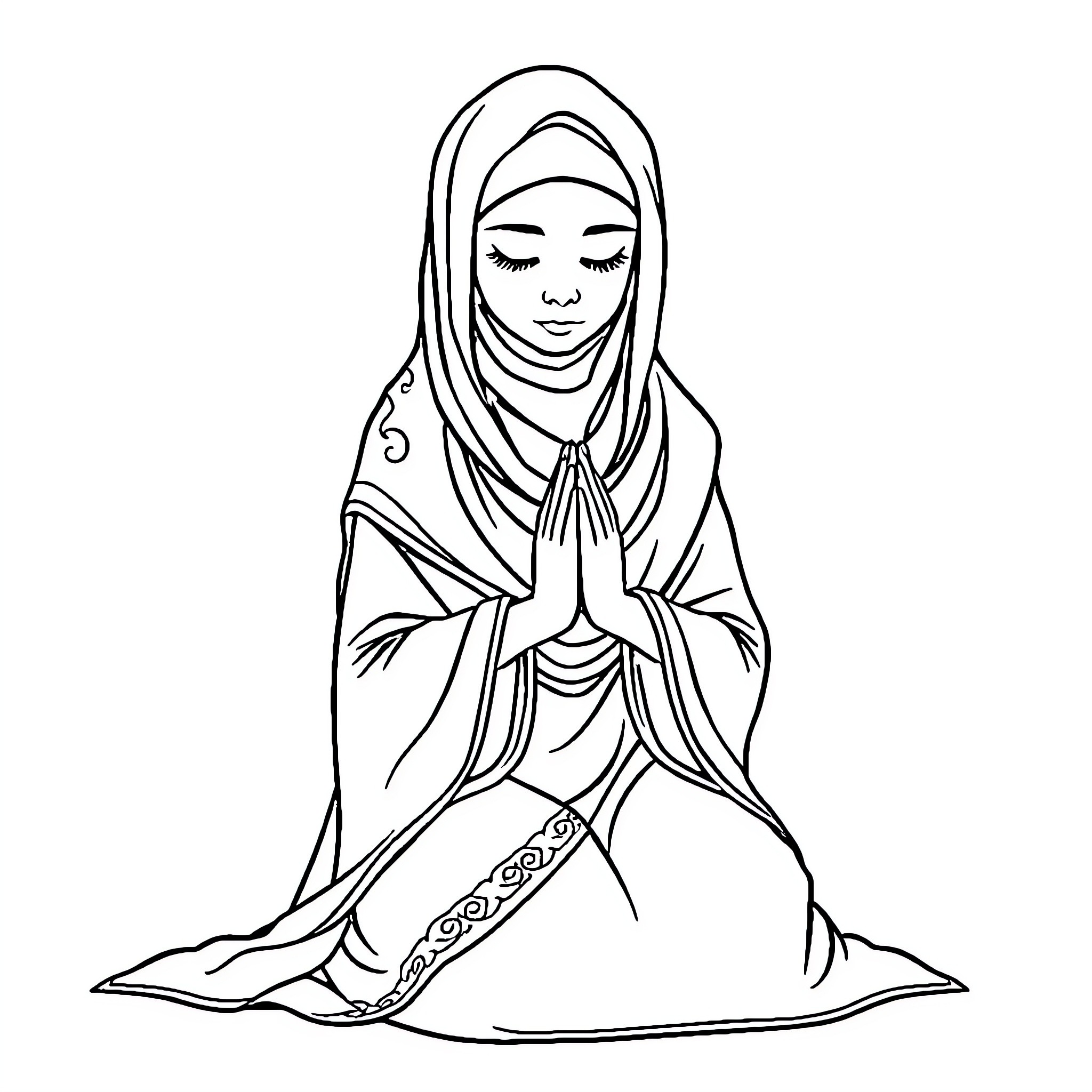 Princess in Modest Prayer Pose Coloring Page (free black-and-white line drawing printable PDF for all, from beginners to advanced learners, including children, teens, adults, and seniors)