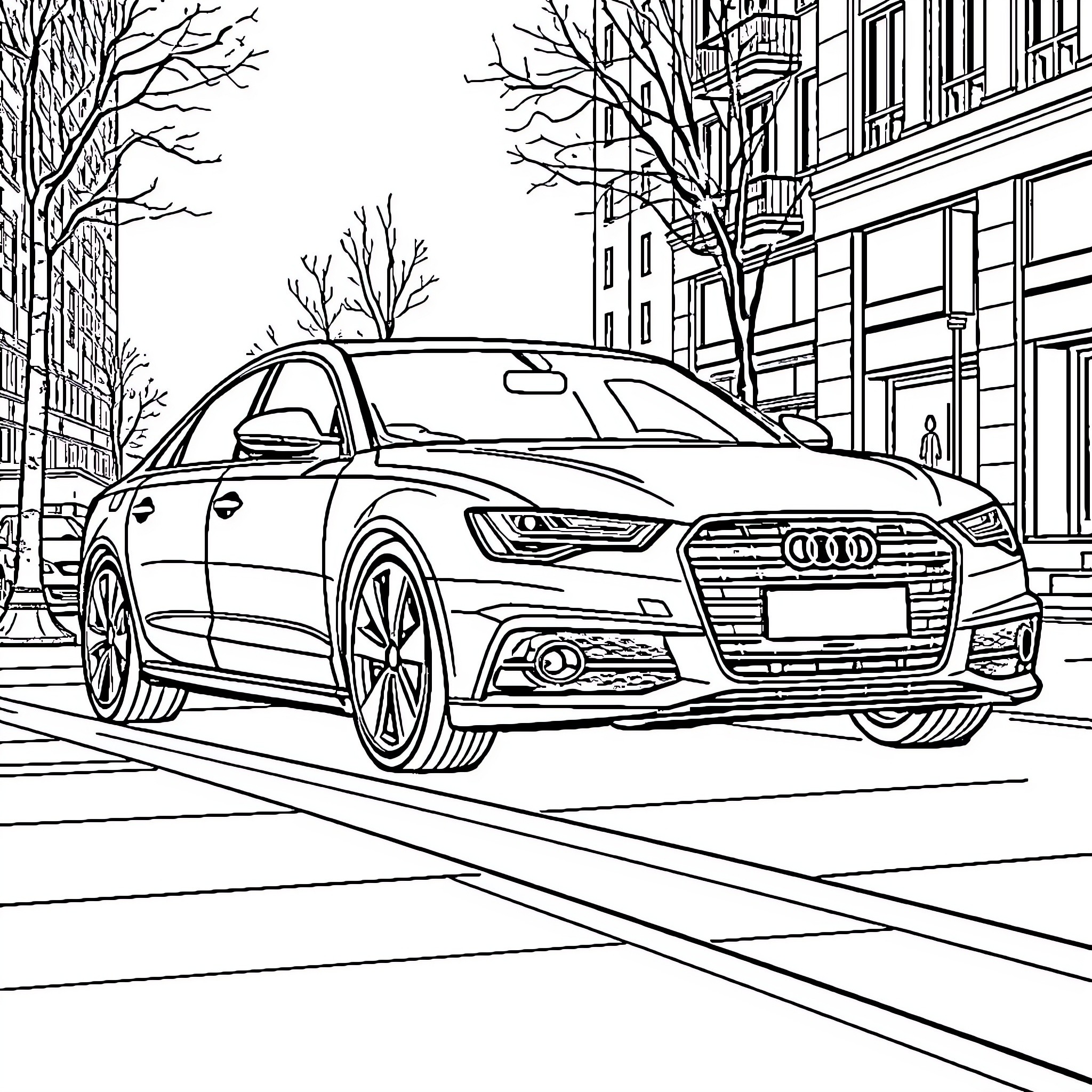 Audi A6 parked on urban street with bare trees Coloring Page (free black-and-white line drawing printable PDF for all, from beginners to advanced learners, including children, teens, adults, and seniors)