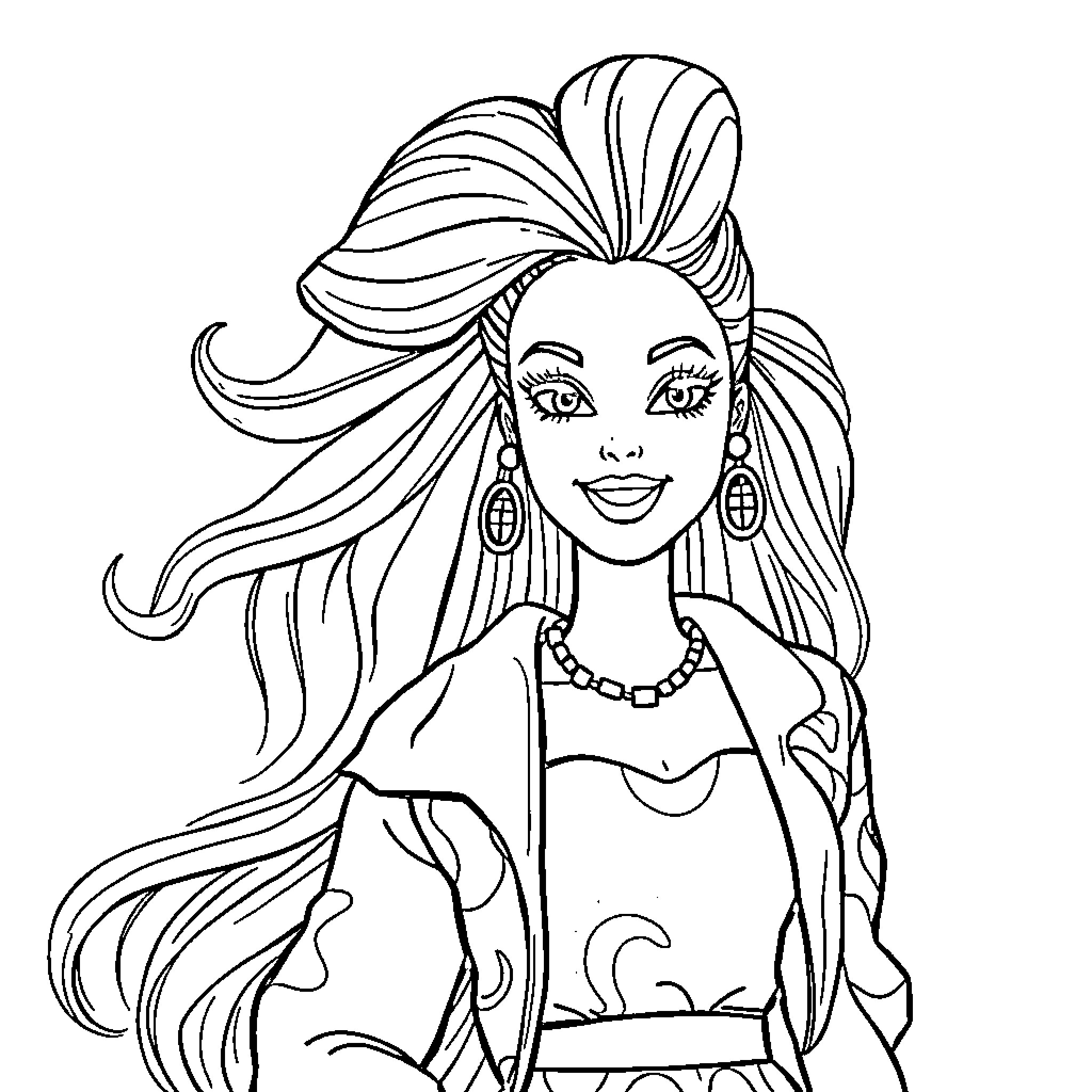 Barbie with long flowing hair and fancy outfit Coloring Page (free black-and-white line drawing printable PDF for all, from beginners to advanced learners, including children, teens, adults, and seniors)