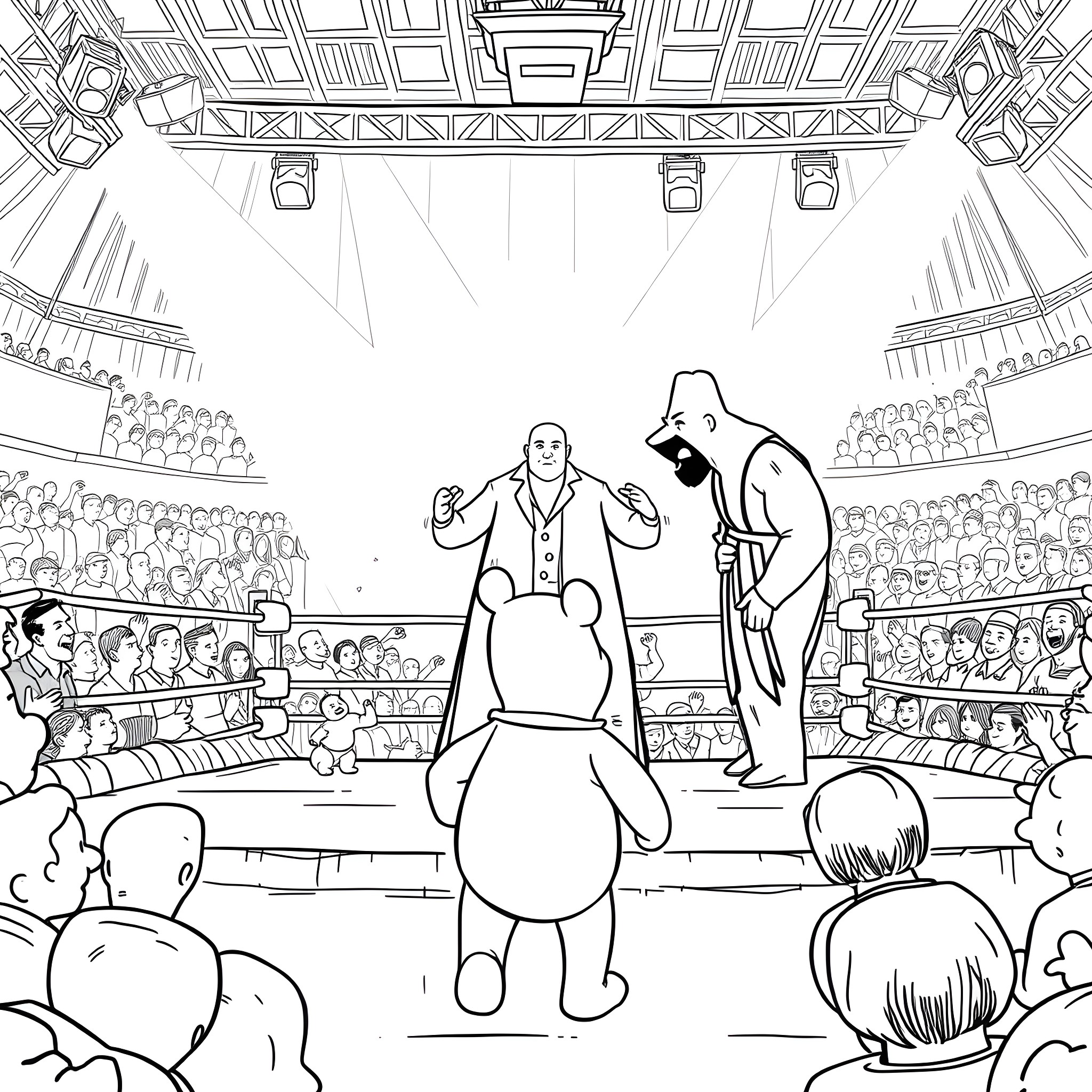 Winnie The Pooh Entertains Audience at Circus Performance Coloring Page (free black-and-white line drawing printable PDF for all, from beginners to advanced learners, including children, teens, adults, and seniors)