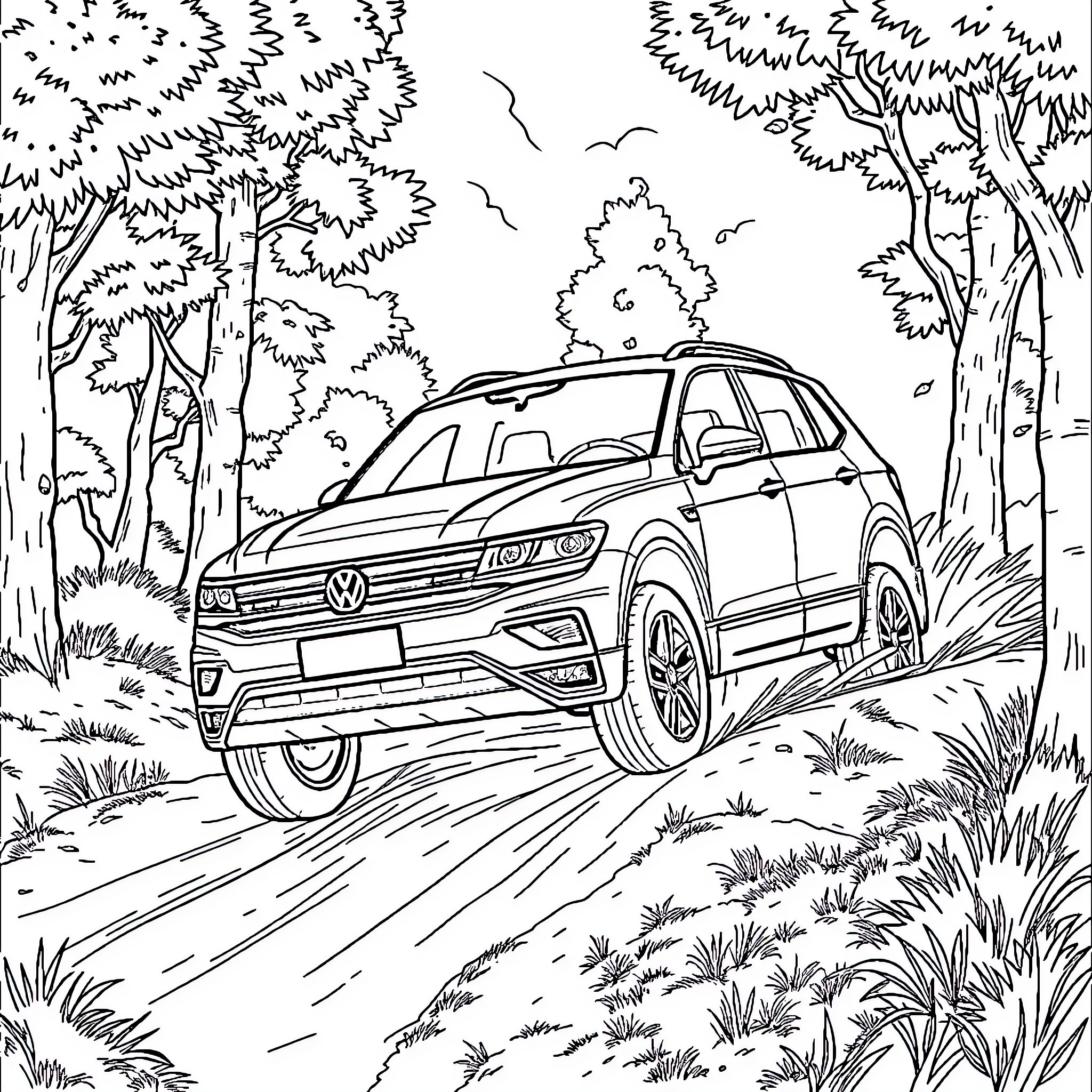 Volkswagen SUV Traversing Scenic Forest Landscape Coloring Page (free black-and-white line drawing printable PDF for all, from beginners to advanced learners, including children, teens, adults, and seniors)