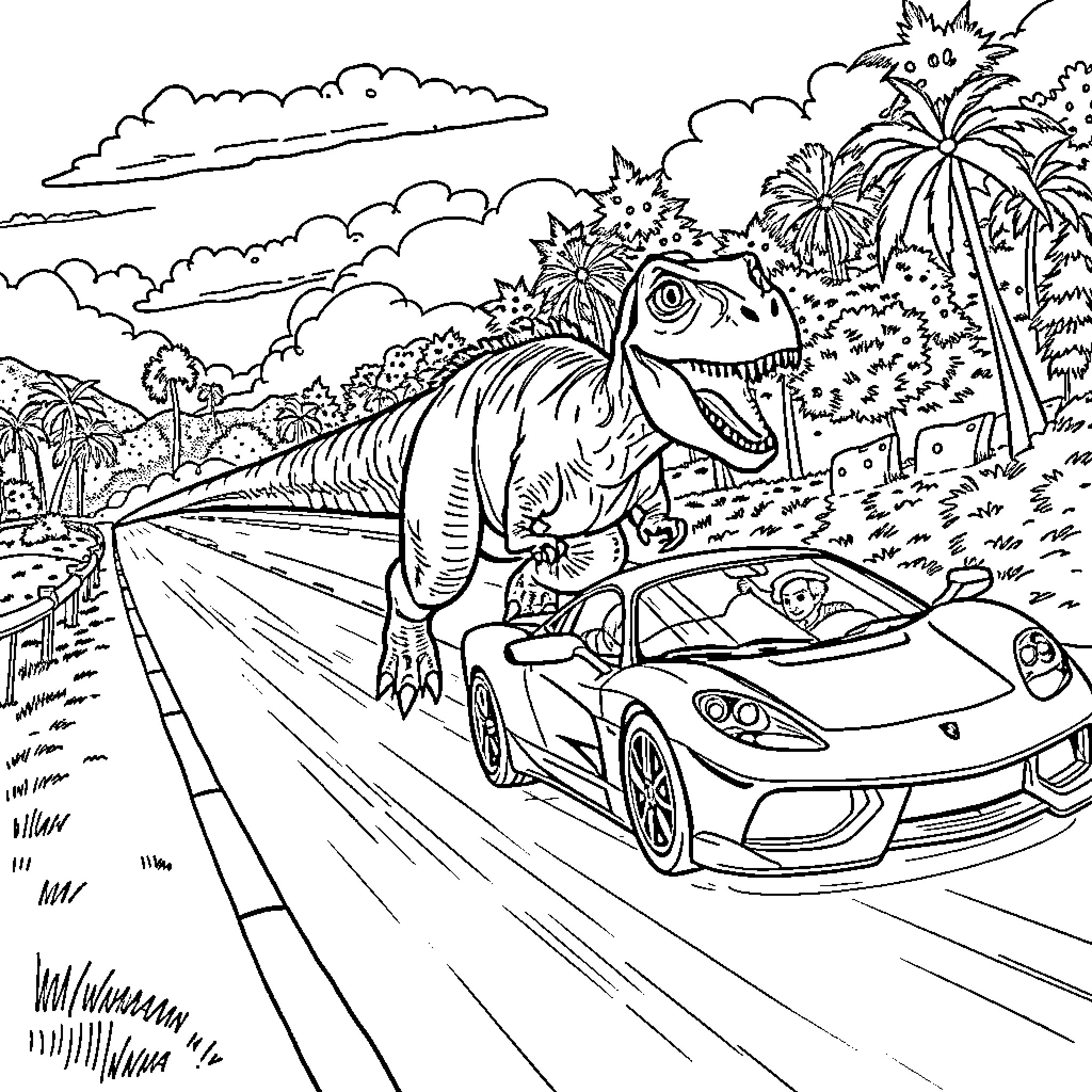 Dinosaur chasing sports car on tropical road Coloring Page (free black-and-white line drawing printable PDF for all, from beginners to advanced learners, including children, teens, adults, and seniors)
