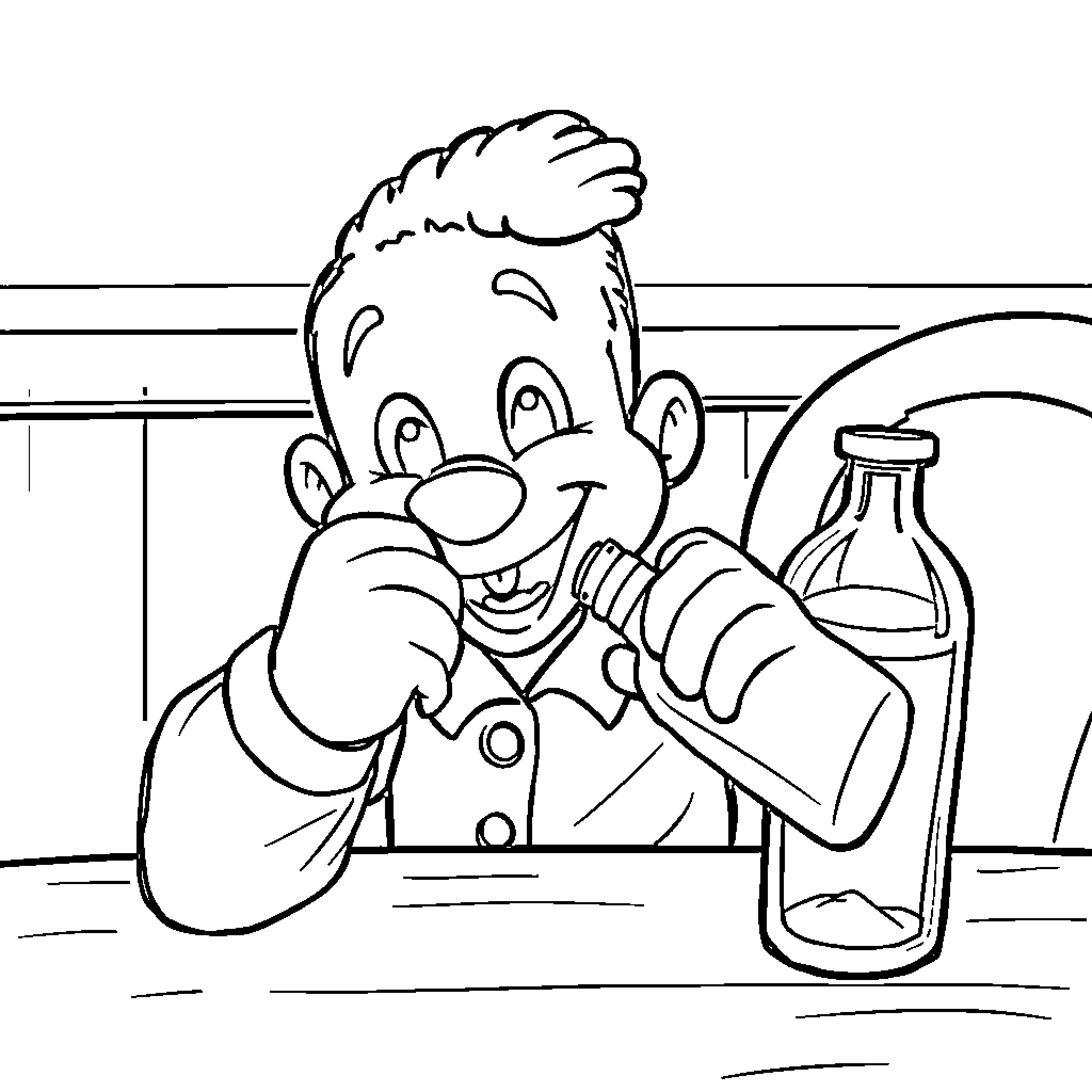 Diddy enjoying a snack and drink in the kitchen Coloring Page (free black-and-white line drawing printable PDF for all, from beginners to advanced learners, including children, teens, adults, and seniors)