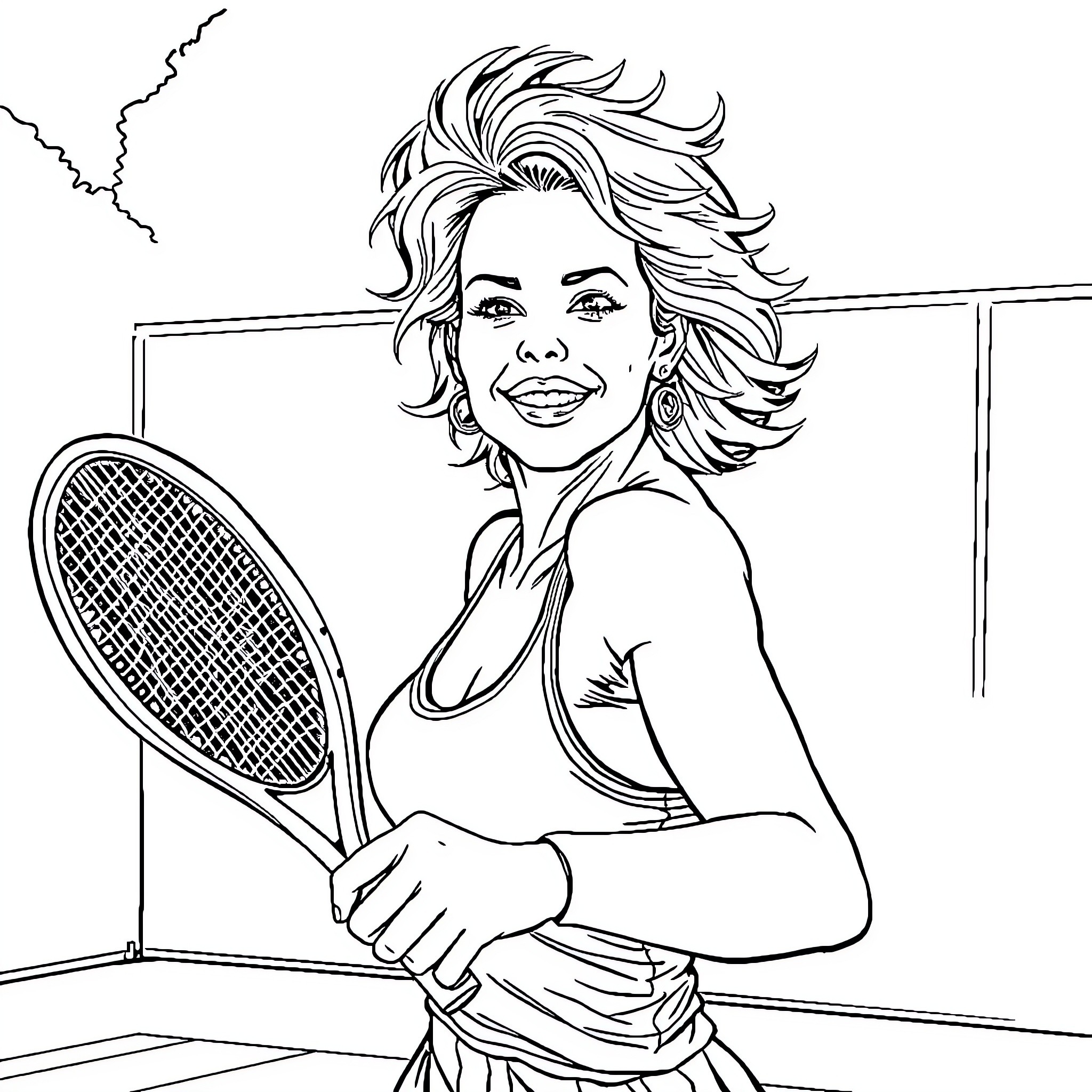 Pamela Anderson playing tennis with a smile Coloring Page (free black-and-white line drawing printable PDF for all, from beginners to advanced learners, including children, teens, adults, and seniors)