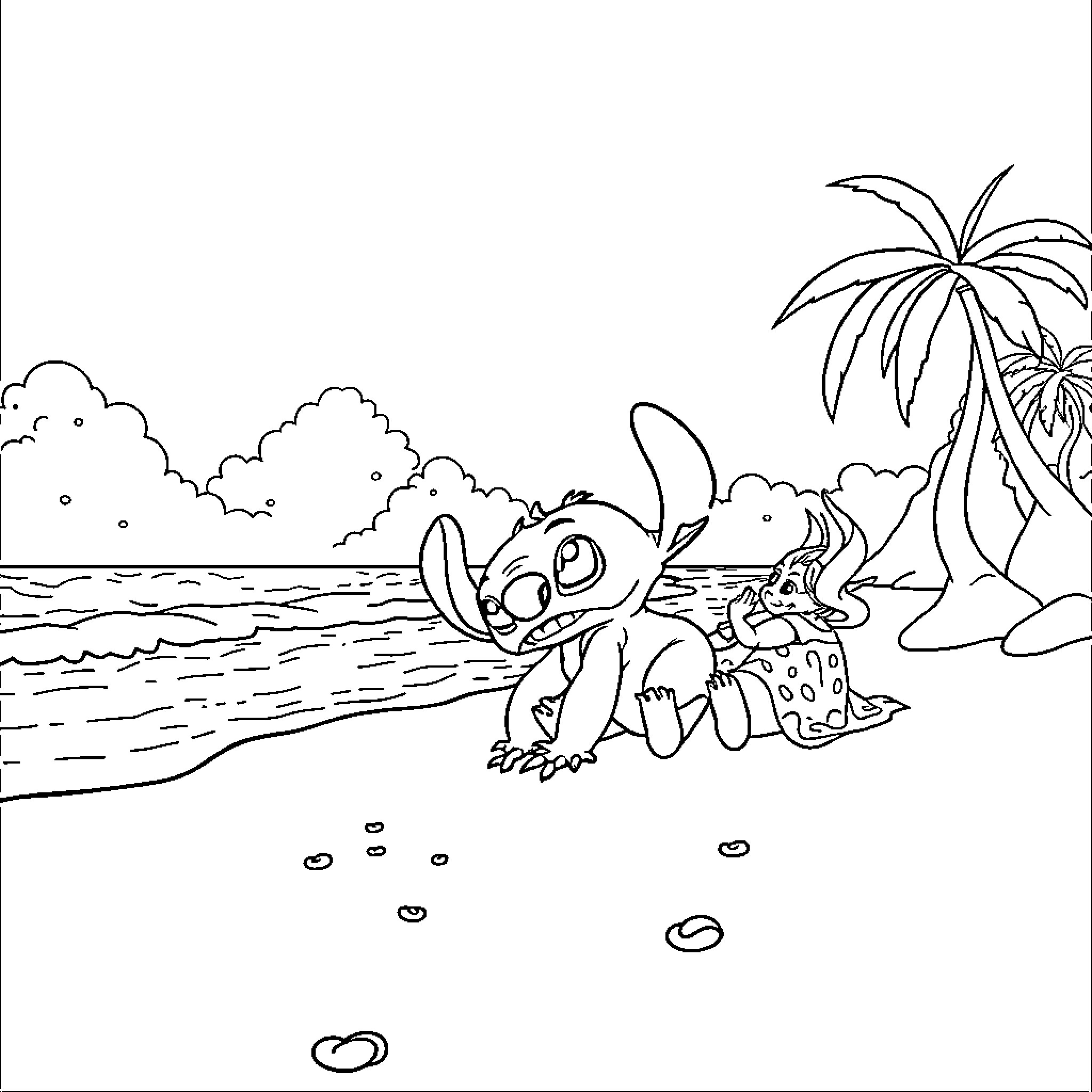 Lilo relaxing on the beach with tropical plants Coloring Page (free black-and-white line drawing printable PDF for all, from beginners to advanced learners, including children, teens, adults, and seniors)