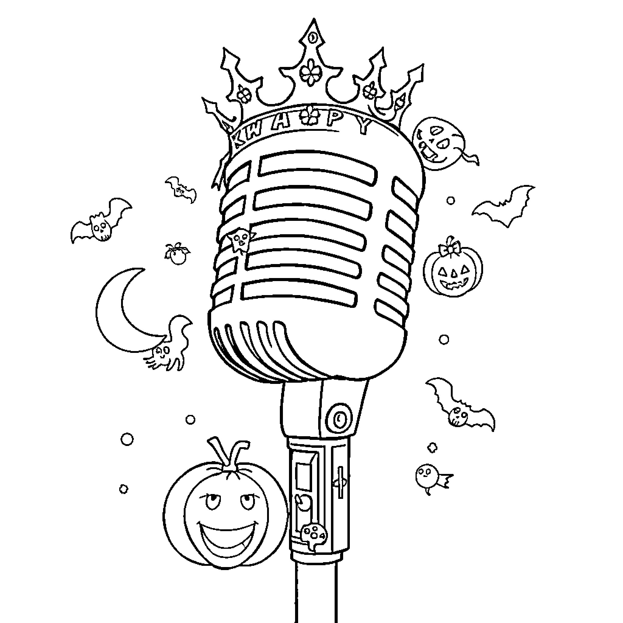 King 5 Radio Show with Halloween Decor Coloring Page (free black-and-white line drawing printable PDF for all, from beginners to advanced learners, including children, teens, adults, and seniors)