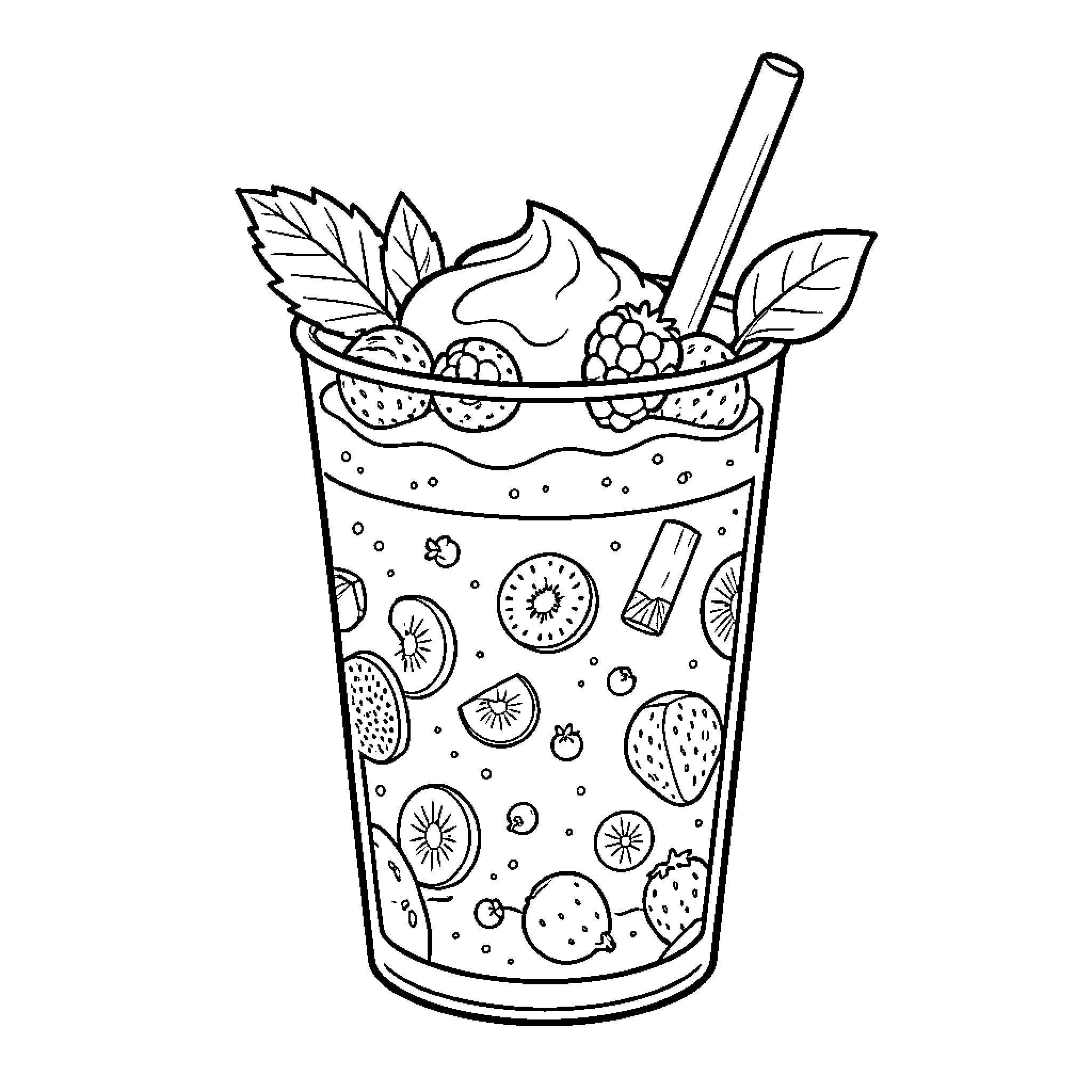 Smoothie glass filled with various fresh fruits and herbs Coloring Page (free black-and-white line drawing printable PDF for all, from beginners to advanced learners, including children, teens, adults, and seniors)