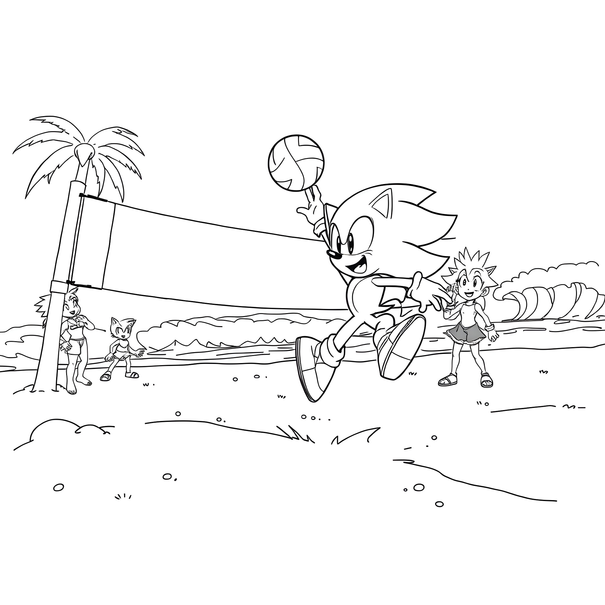 Sonic's Tropical Beach Adventure Coloring Page (free black-and-white line drawing printable PDF for all, from beginners to advanced learners, including children, teens, adults, and seniors)