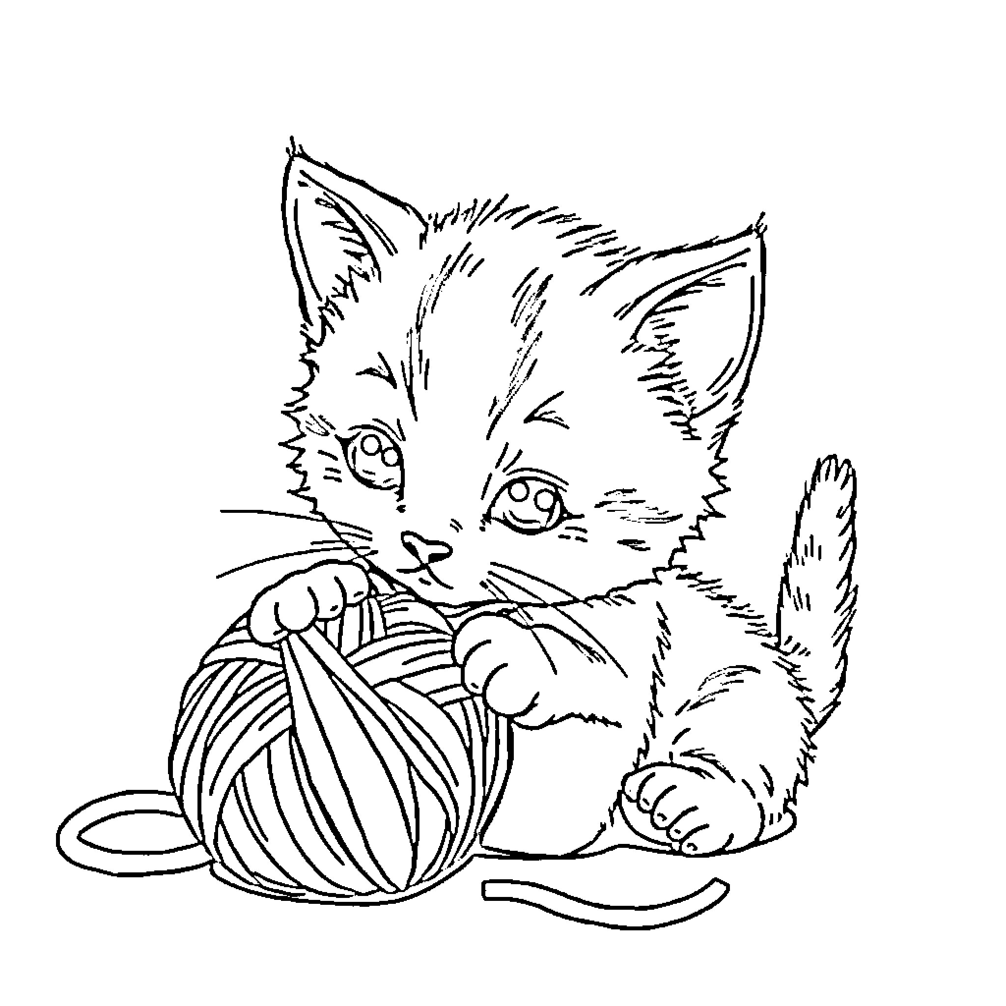 Cat playing with yarn ball Coloring Page (free black-and-white line drawing printable PDF for all, from beginners to advanced learners, including children, teens, adults, and seniors)
