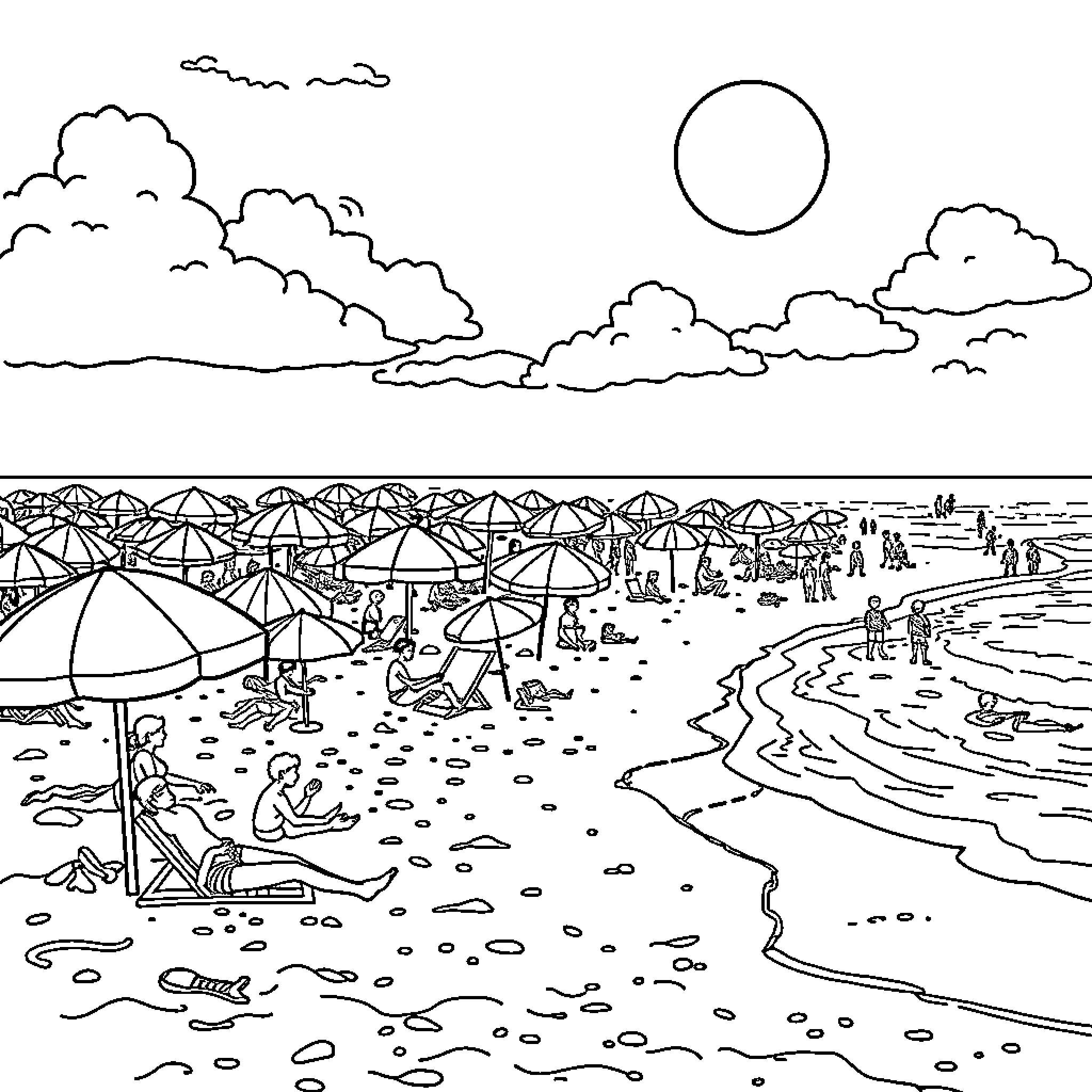 Beach scene with umbrellas and people enjoying the sun Coloring Page (free black-and-white line drawing printable PDF for all, from beginners to advanced learners, including children, teens, adults, and seniors)