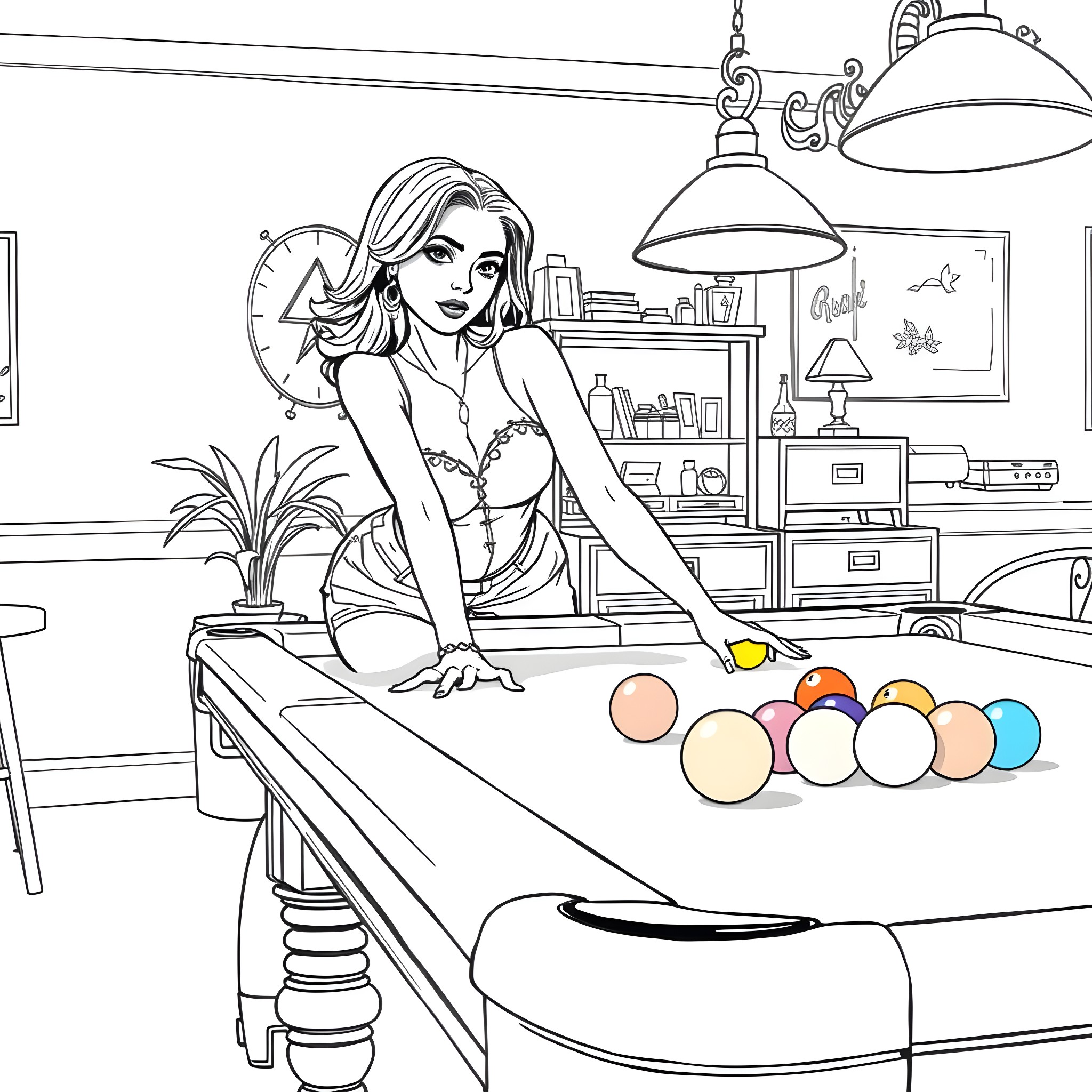 Lady in Casual Attire Enjoying Pool Table Game Coloring Page (free black-and-white line drawing printable PDF for all, from beginners to advanced learners, including children, teens, adults, and seniors)