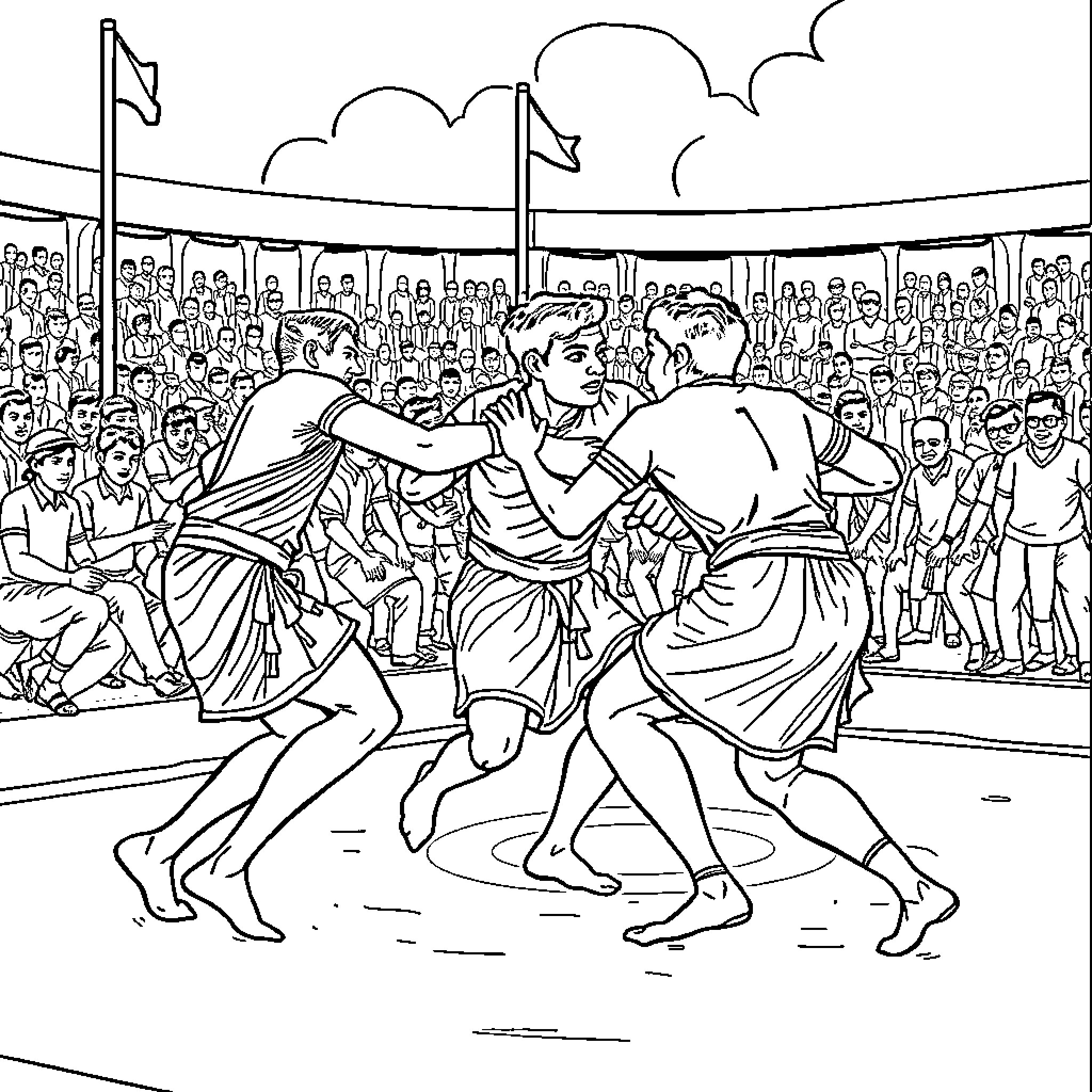 Kabaddi match with spirited players and enthusiastic crowd Coloring Page (free black-and-white line drawing printable PDF for all, from beginners to advanced learners, including children, teens, adults, and seniors)