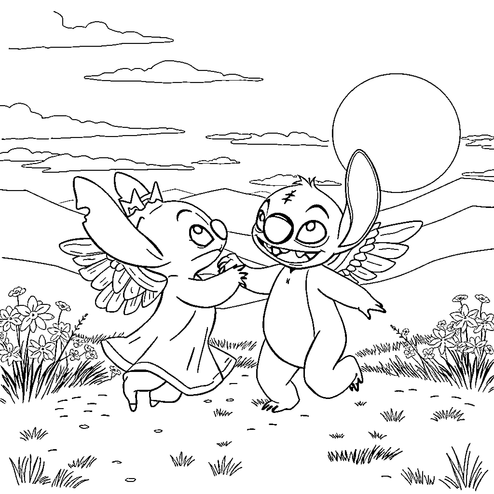 Stitch and Lilo playing under the moonlight Coloring Page (free black-and-white line drawing printable PDF for all, from beginners to advanced learners, including children, teens, adults, and seniors)