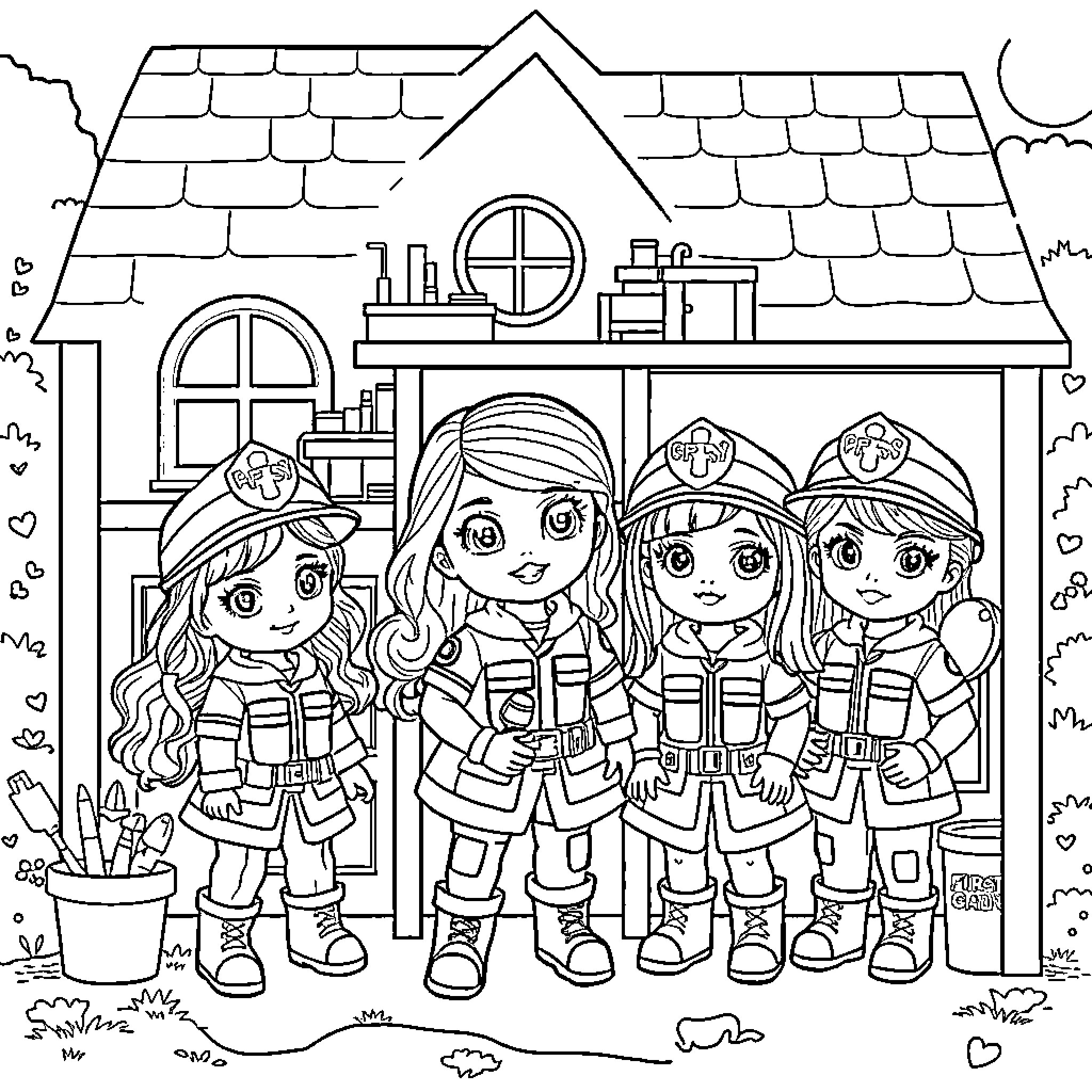 Gabby Dollhouse characters in front of their home Coloring Page (free black-and-white line drawing printable PDF for all, from beginners to advanced learners, including children, teens, adults, and seniors)