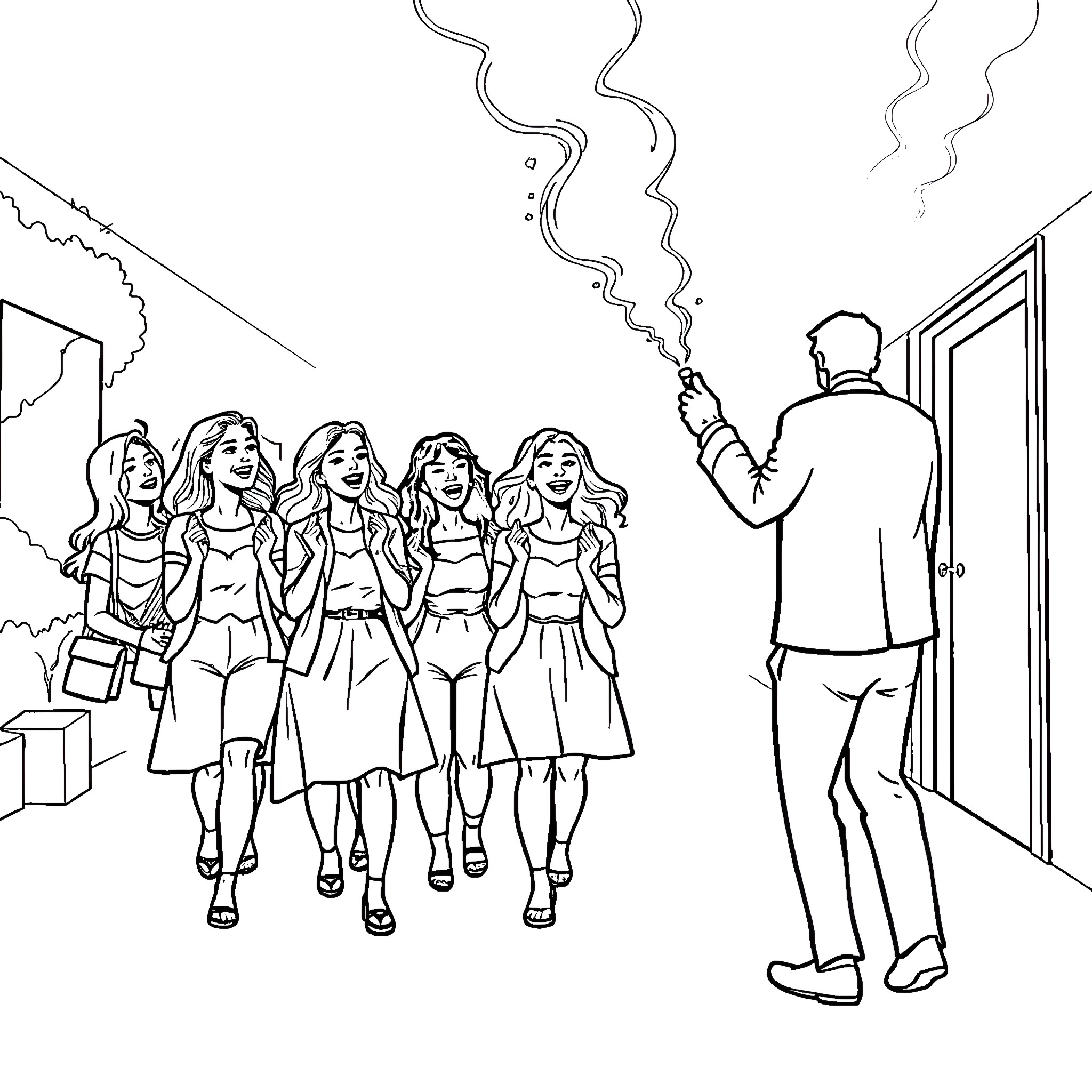 Man guides group of women down the hallway Coloring Page (free black-and-white line drawing printable PDF for all, from beginners to advanced learners, including children, teens, adults, and seniors)