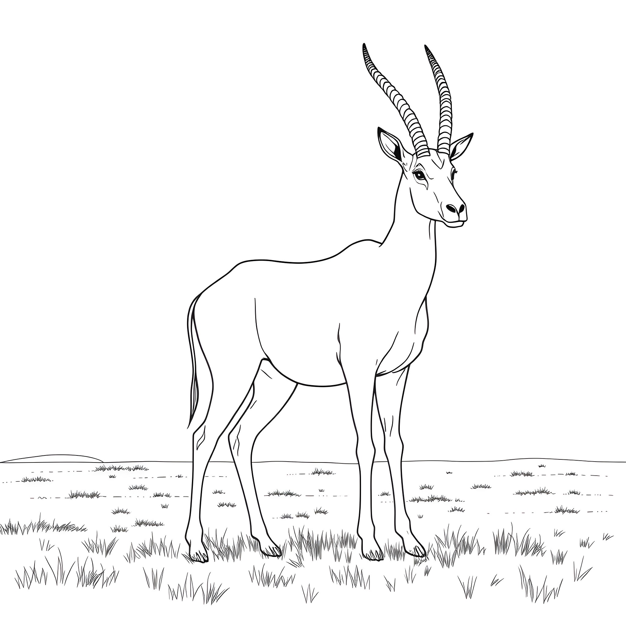 Oryx standing majestically in the grassland Coloring Page (free black-and-white line drawing printable PDF for all, from beginners to advanced learners, including children, teens, adults, and seniors)
