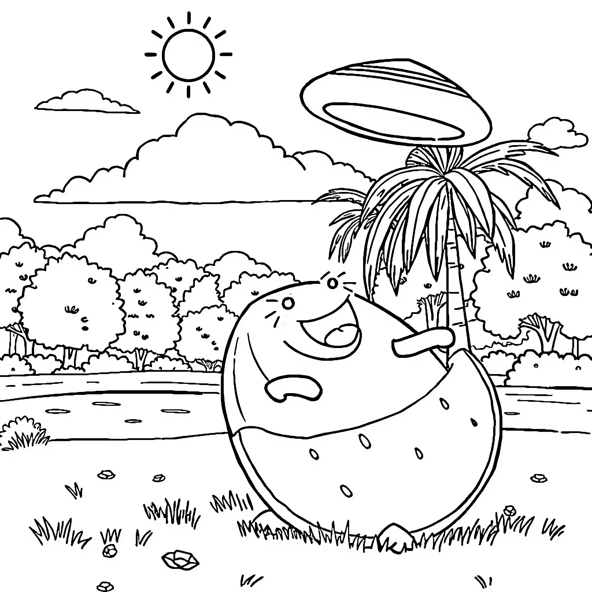 Coco Melon characters in a fun outdoor scene Coloring Page (free black-and-white line drawing printable PDF for all, from beginners to advanced learners, including children, teens, adults, and seniors)