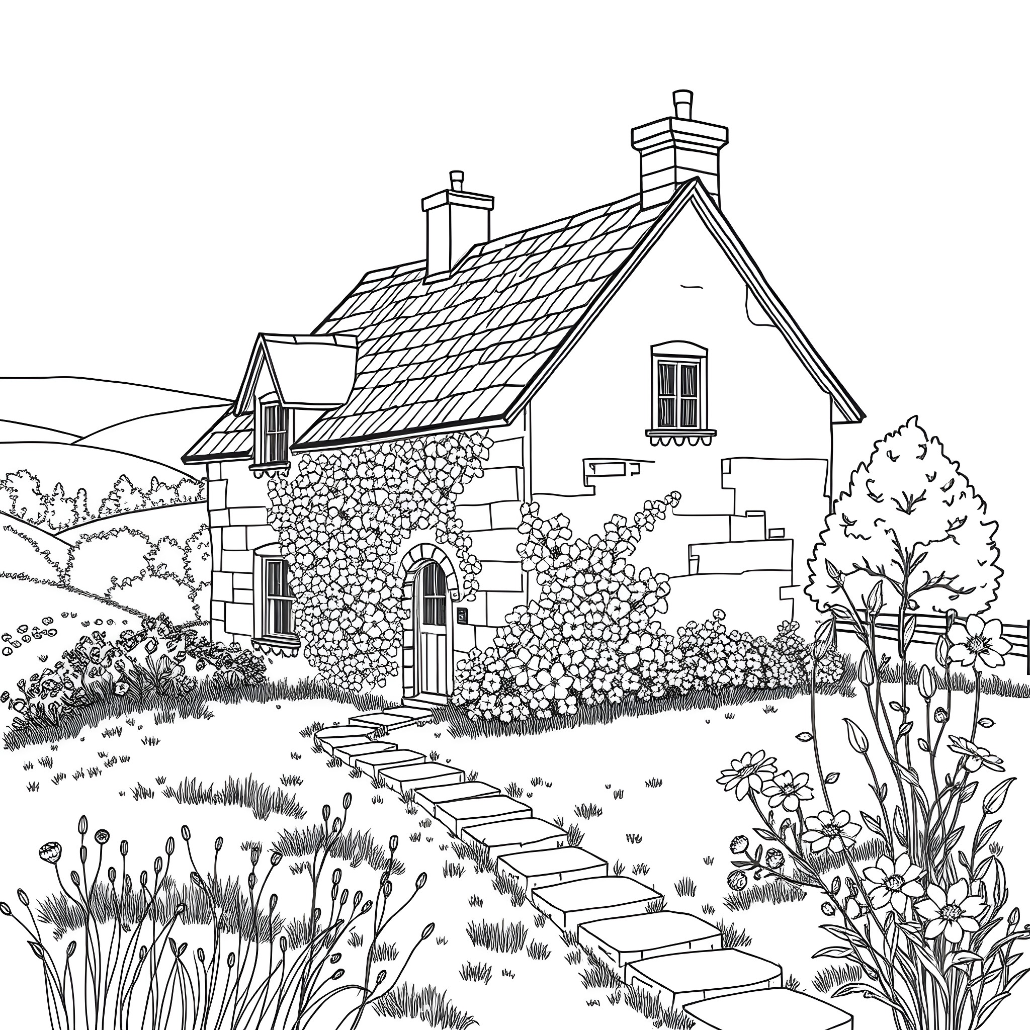 House with Charming Cottage in Lush Countryside Coloring Page (free black-and-white line drawing printable PDF for all, from beginners to advanced learners, including children, teens, adults, and seniors)