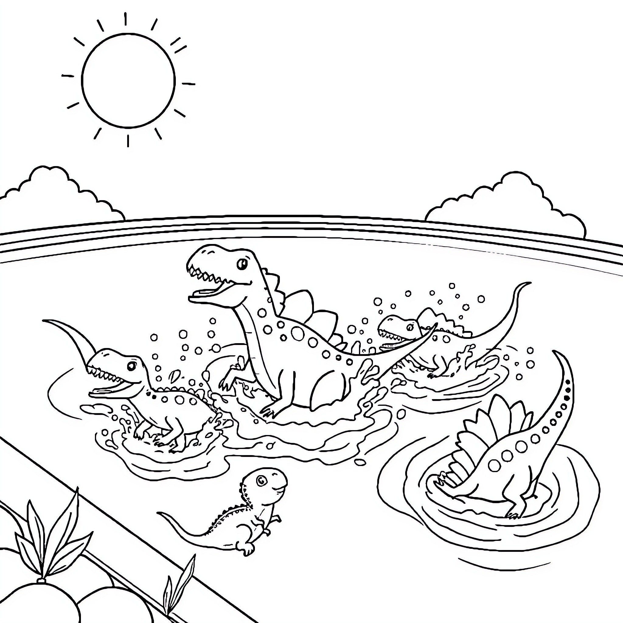 Dinosaur Family in a Prehistoric Landscape Coloring Page (free black-and-white line drawing printable PDF for all, from beginners to advanced learners, including children, teens, adults, and seniors)