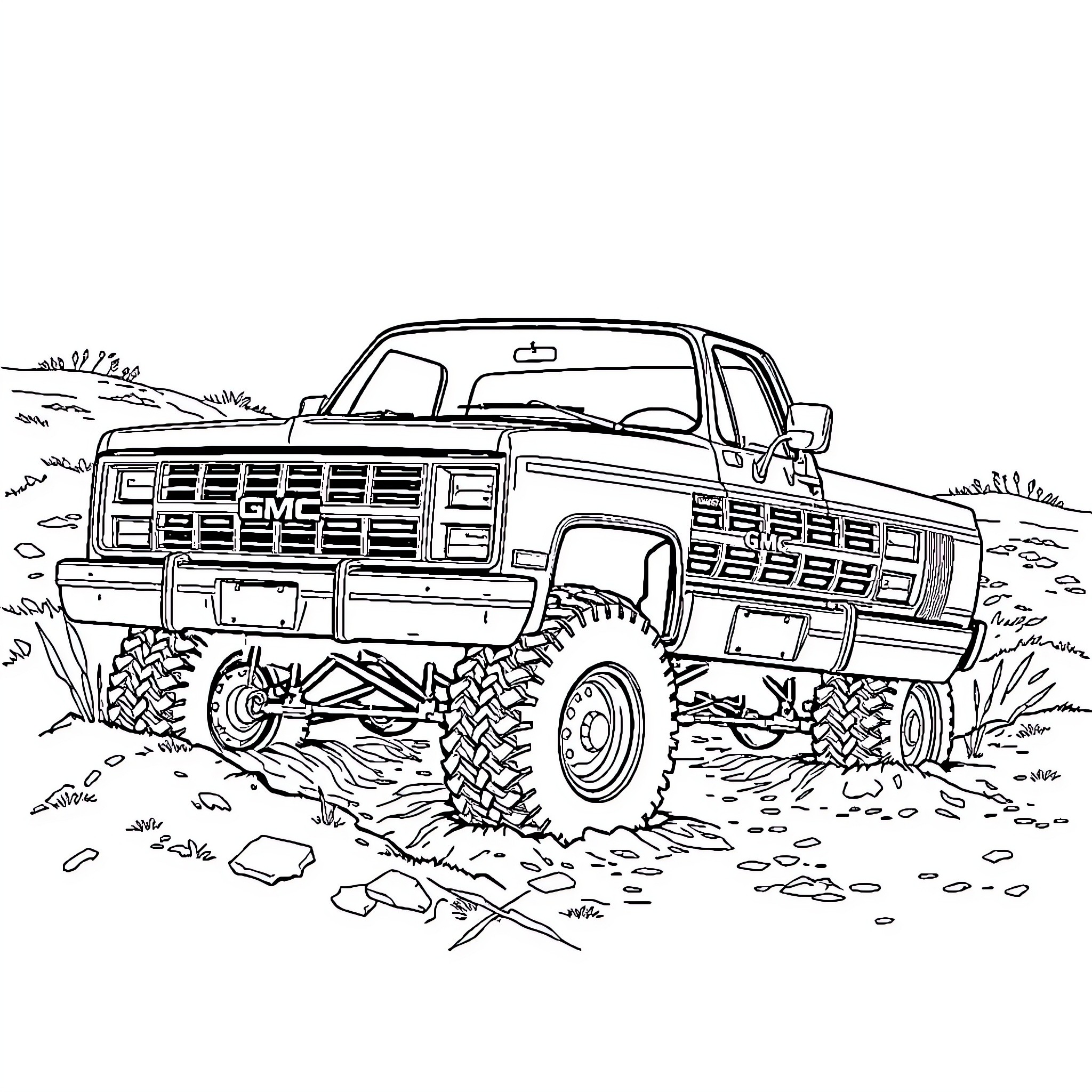 GMC Truck off-roading in the wilderness Coloring Page (free black-and-white line drawing printable PDF for all, from beginners to advanced learners, including children, teens, adults, and seniors)