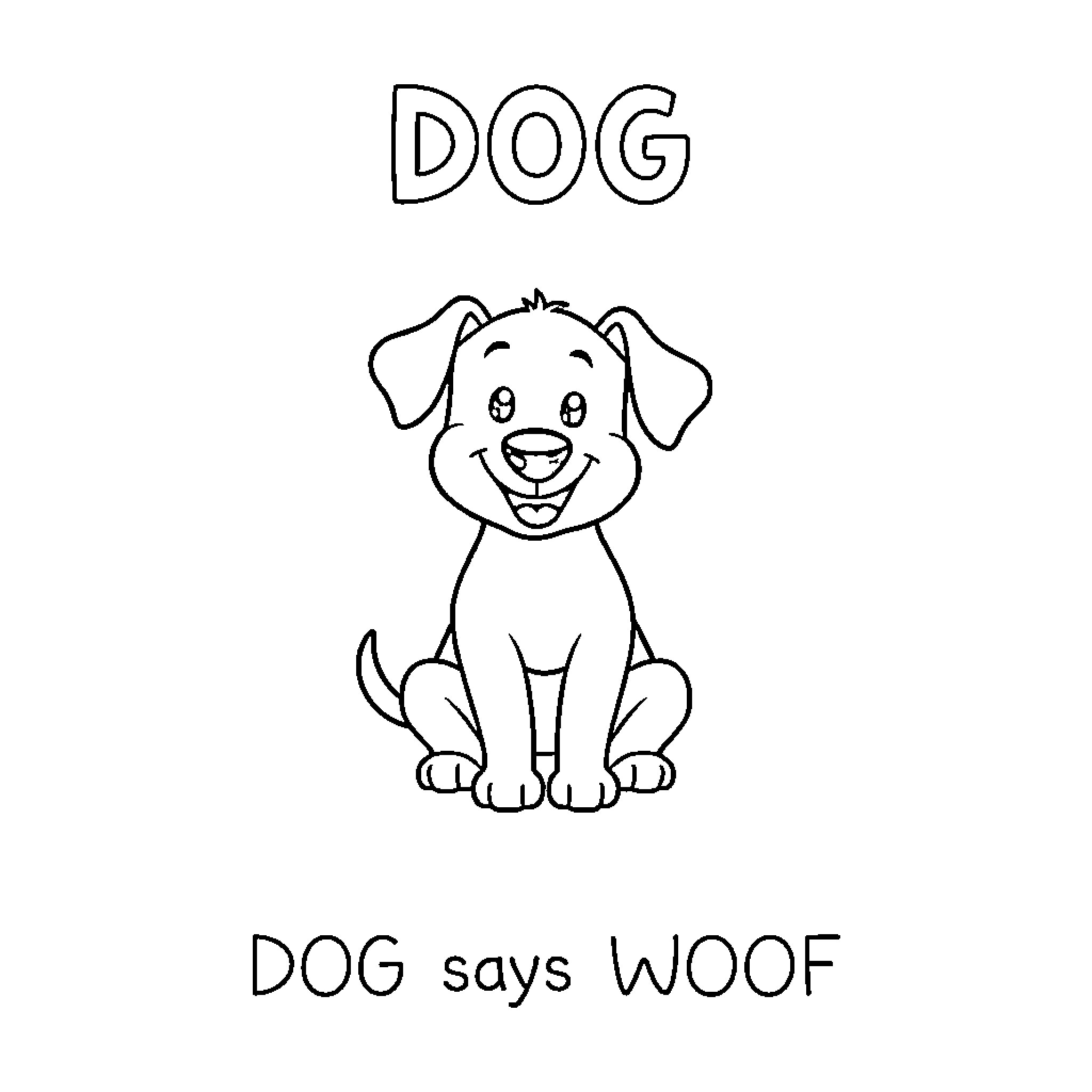 Dog says WOOF Coloring Page (free black-and-white line drawing printable PDF for all, from beginners to advanced learners, including children, teens, adults, and seniors)