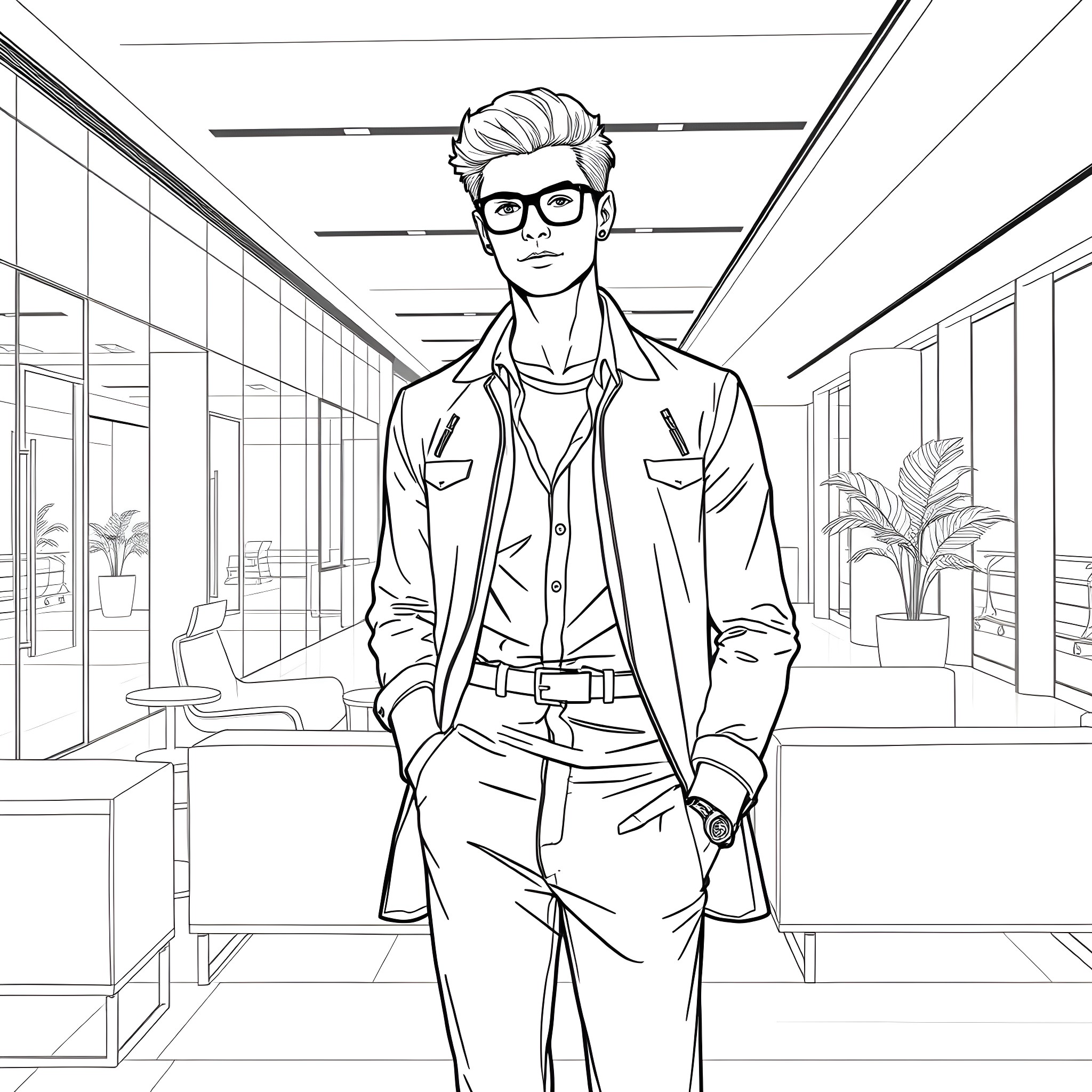 Guy in professional attire standing in an office Coloring Page (free black-and-white line drawing printable PDF for all, from beginners to advanced learners, including children, teens, adults, and seniors)