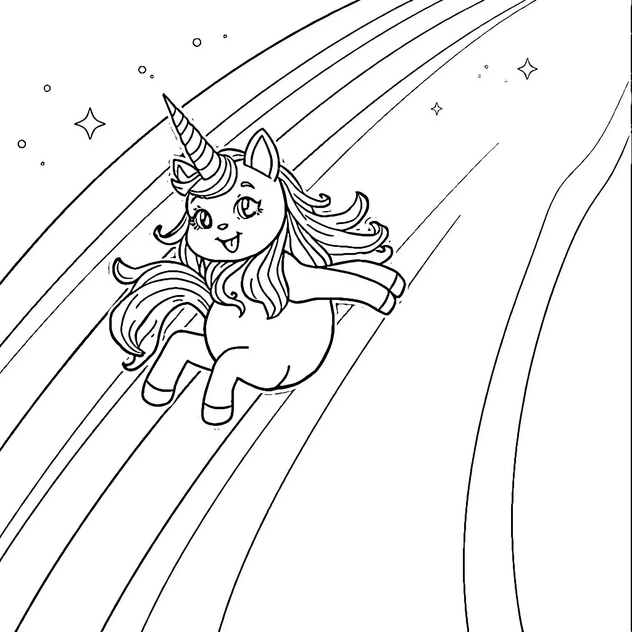Unicorn Cat soaring through the starry night Coloring Page (free black-and-white line drawing printable PDF for all, from beginners to advanced learners, including children, teens, adults, and seniors)