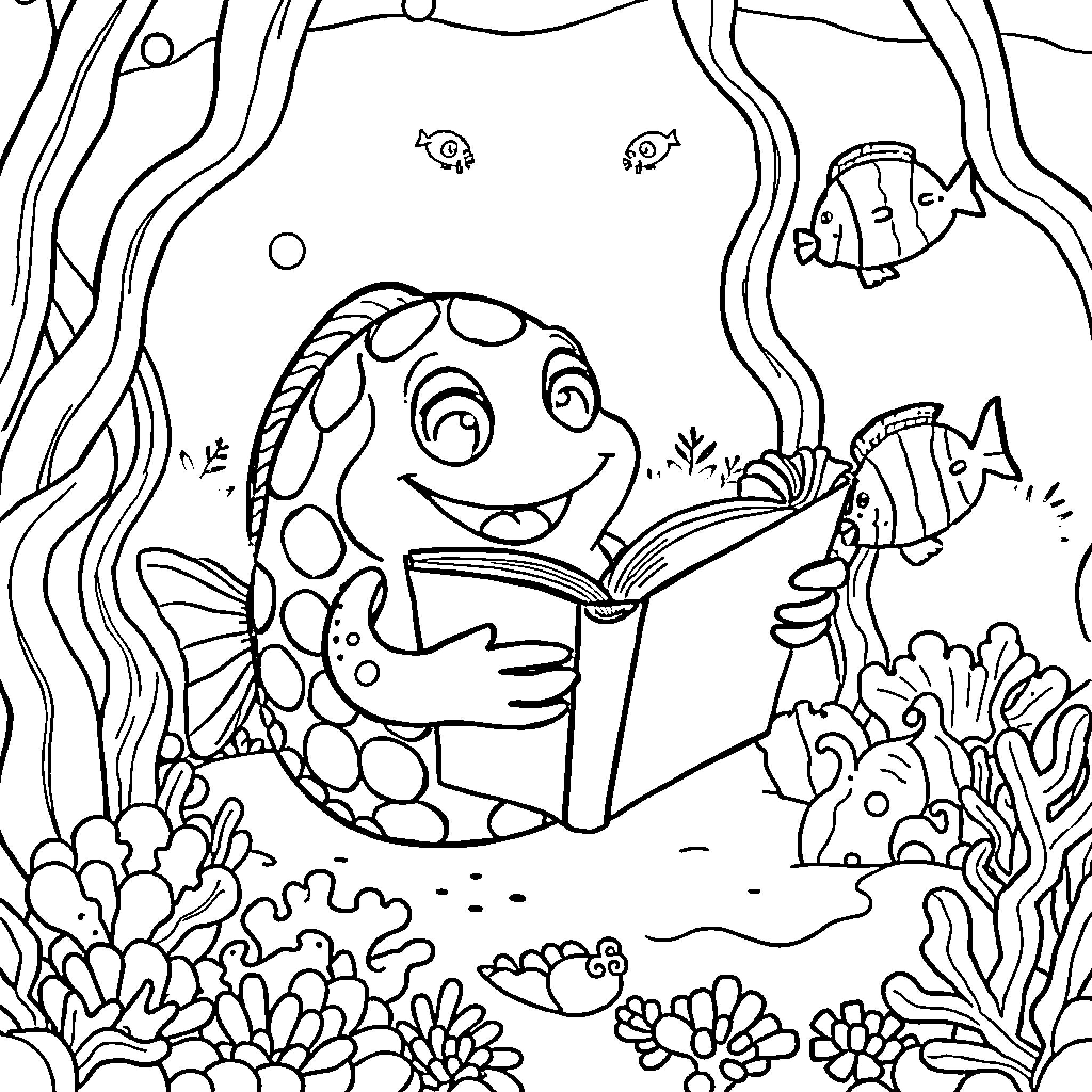 Bloop reading a book in an underwater scene Coloring Page (free black-and-white line drawing printable PDF for all, from beginners to advanced learners, including children, teens, adults, and seniors)