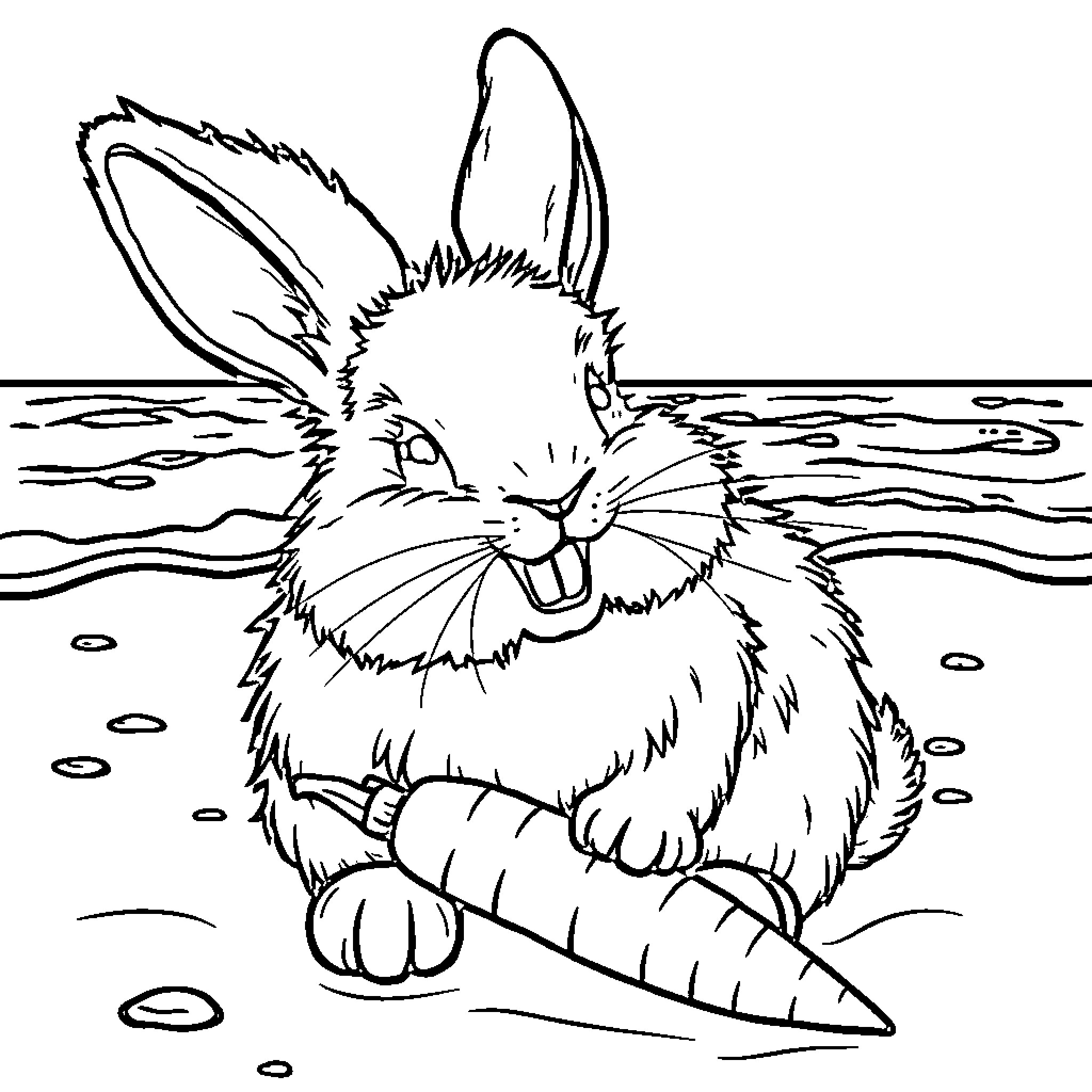 Rabbit enjoying a carrot in the meadow Coloring Page (free black-and-white line drawing printable PDF for all, from beginners to advanced learners, including children, teens, adults, and seniors)