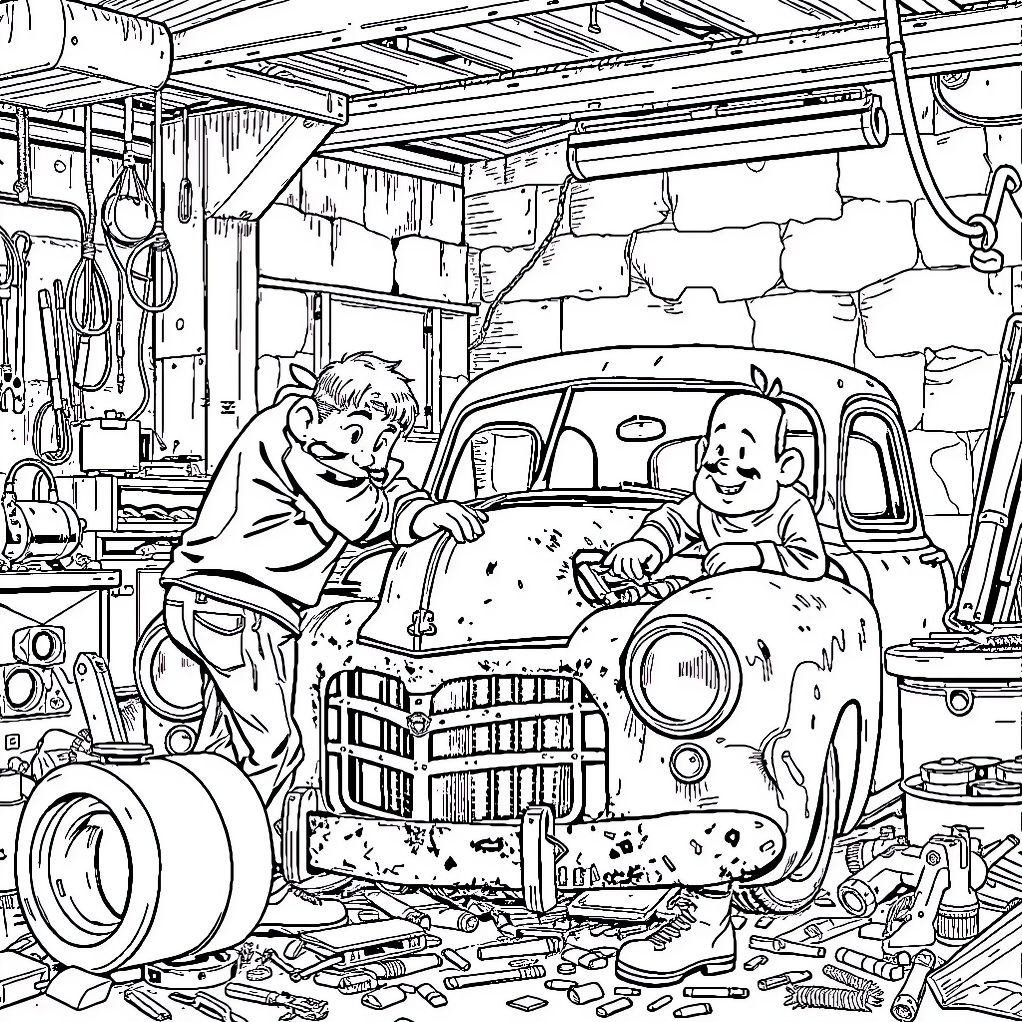 Car Restoration and Repair Workshop Scene Coloring Page (free black-and-white line drawing printable PDF for all, from beginners to advanced learners, including children, teens, adults, and seniors)