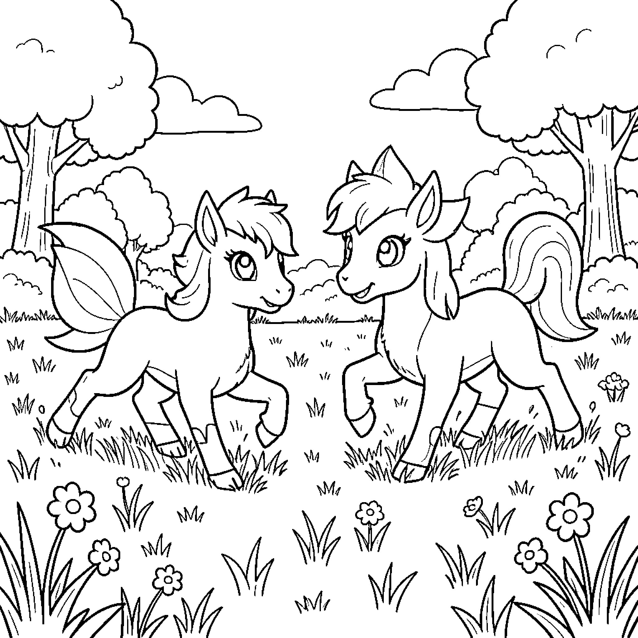 Ponyta characters running joyfully through a grassy meadow Coloring Page (free black-and-white line drawing printable PDF for all, from beginners to advanced learners, including children, teens, adults, and seniors)