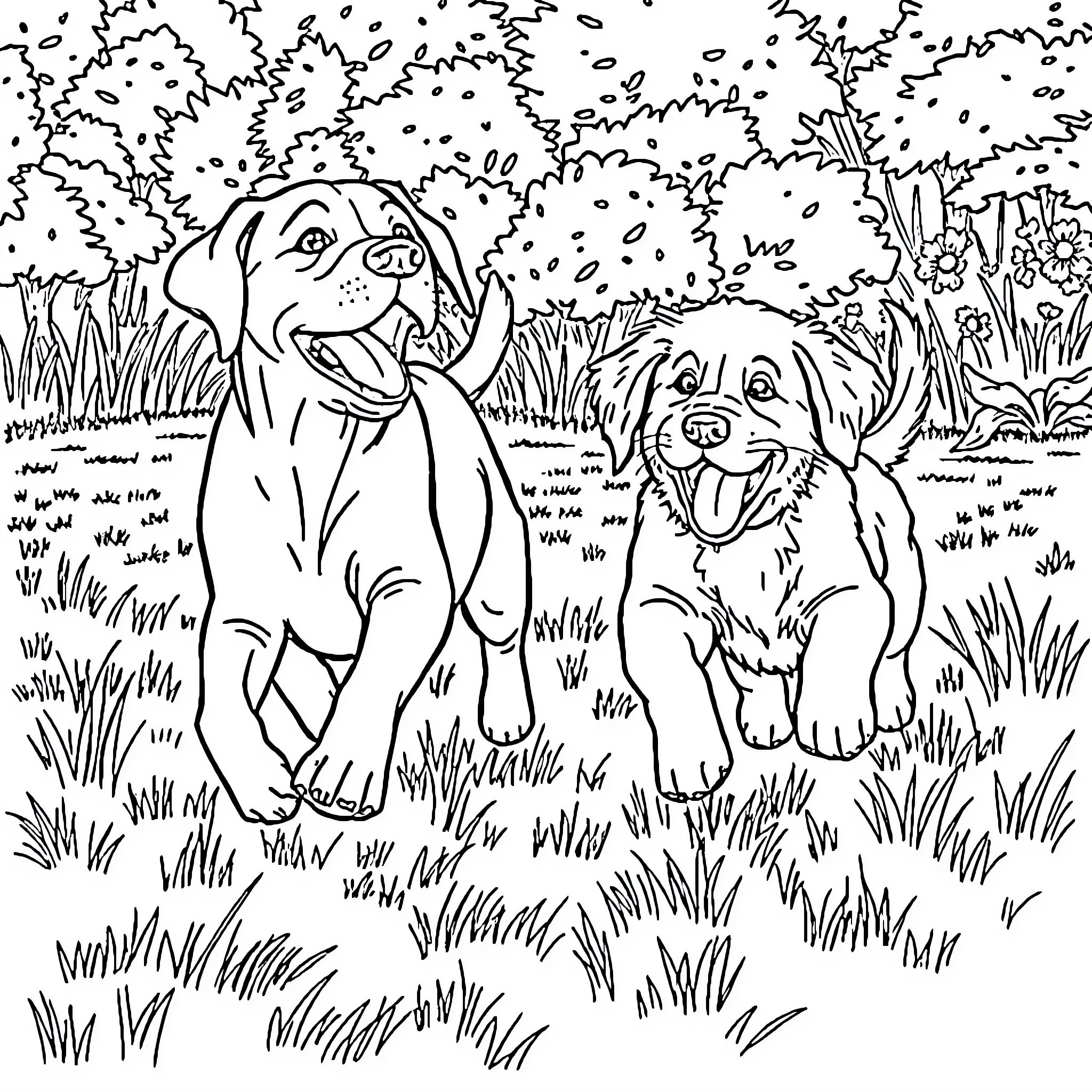 Dog Friends Playing in the Meadow Coloring Page (free black-and-white line drawing printable PDF for all, from beginners to advanced learners, including children, teens, adults, and seniors)