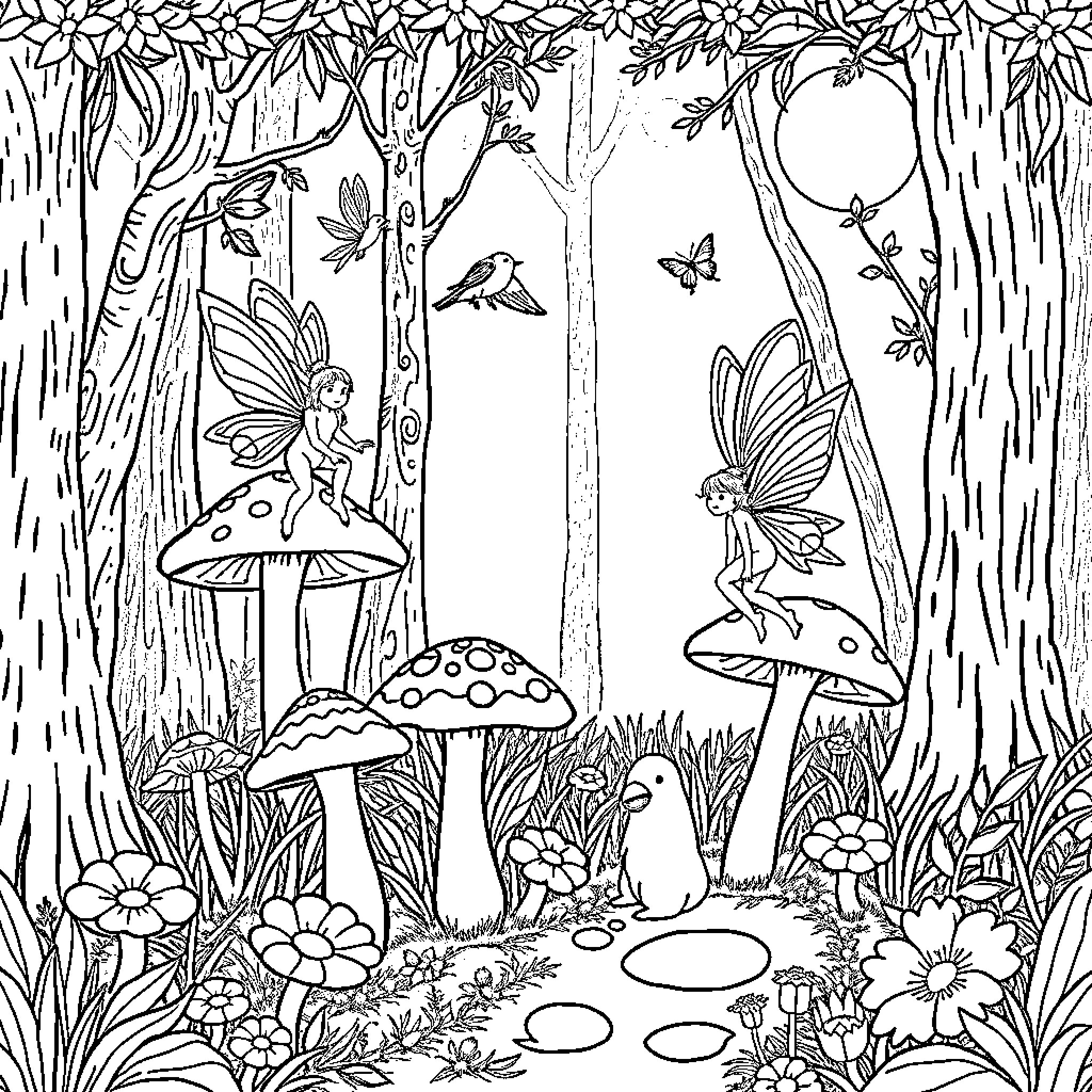 Fairy fantasy forest with mushrooms and butterflies Coloring Page (free black-and-white line drawing printable PDF for all, from beginners to advanced learners, including children, teens, adults, and seniors)