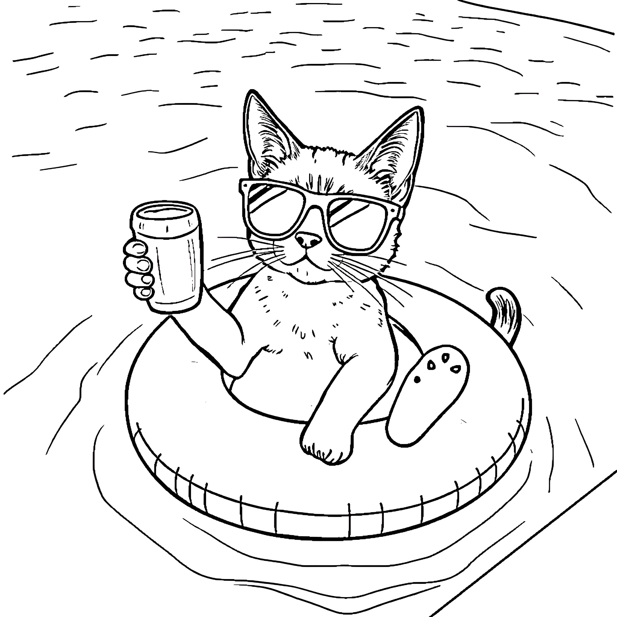 Siamese Cat Relaxing with Beverage in Cozy Chair Coloring Page (free black-and-white line drawing printable PDF for all, from beginners to advanced learners, including children, teens, adults, and seniors)