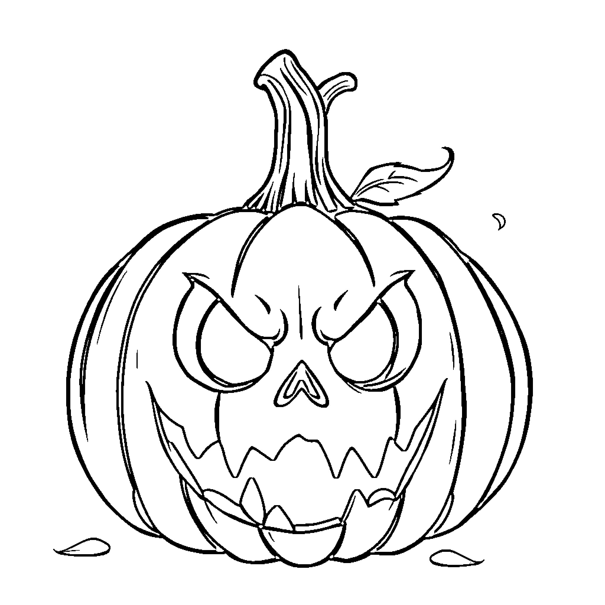 Pumpkin with Menacing Expression Coloring Page (free black-and-white line drawing printable PDF for all, from beginners to advanced learners, including children, teens, adults, and seniors)