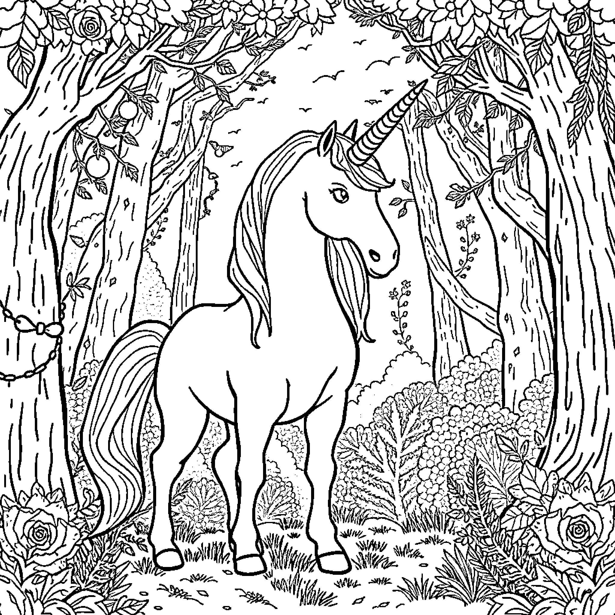 Unicorn standing tall in a magical forest Coloring Page (free black-and-white line drawing printable PDF for all, from beginners to advanced learners, including children, teens, adults, and seniors)