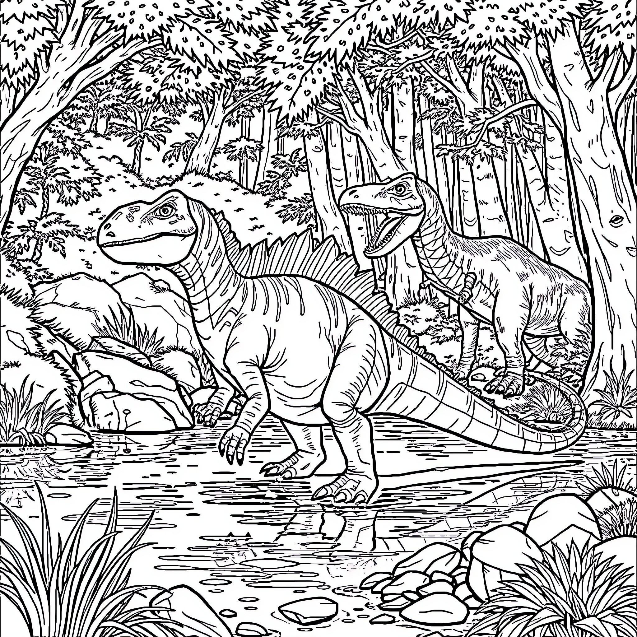 Spinosaurus exploring prehistoric jungle landscape Coloring Page (free black-and-white line drawing printable PDF for all, from beginners to advanced learners, including children, teens, adults, and seniors)
