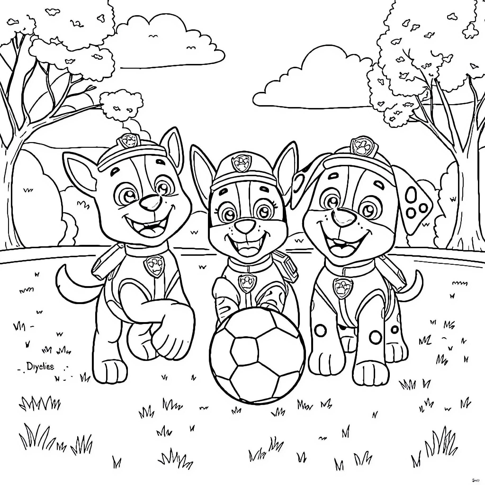 Bluey and Friends Playing Soccer in the Park Coloring Page (free black-and-white line drawing printable PDF for all, from beginners to advanced learners, including children, teens, adults, and seniors)