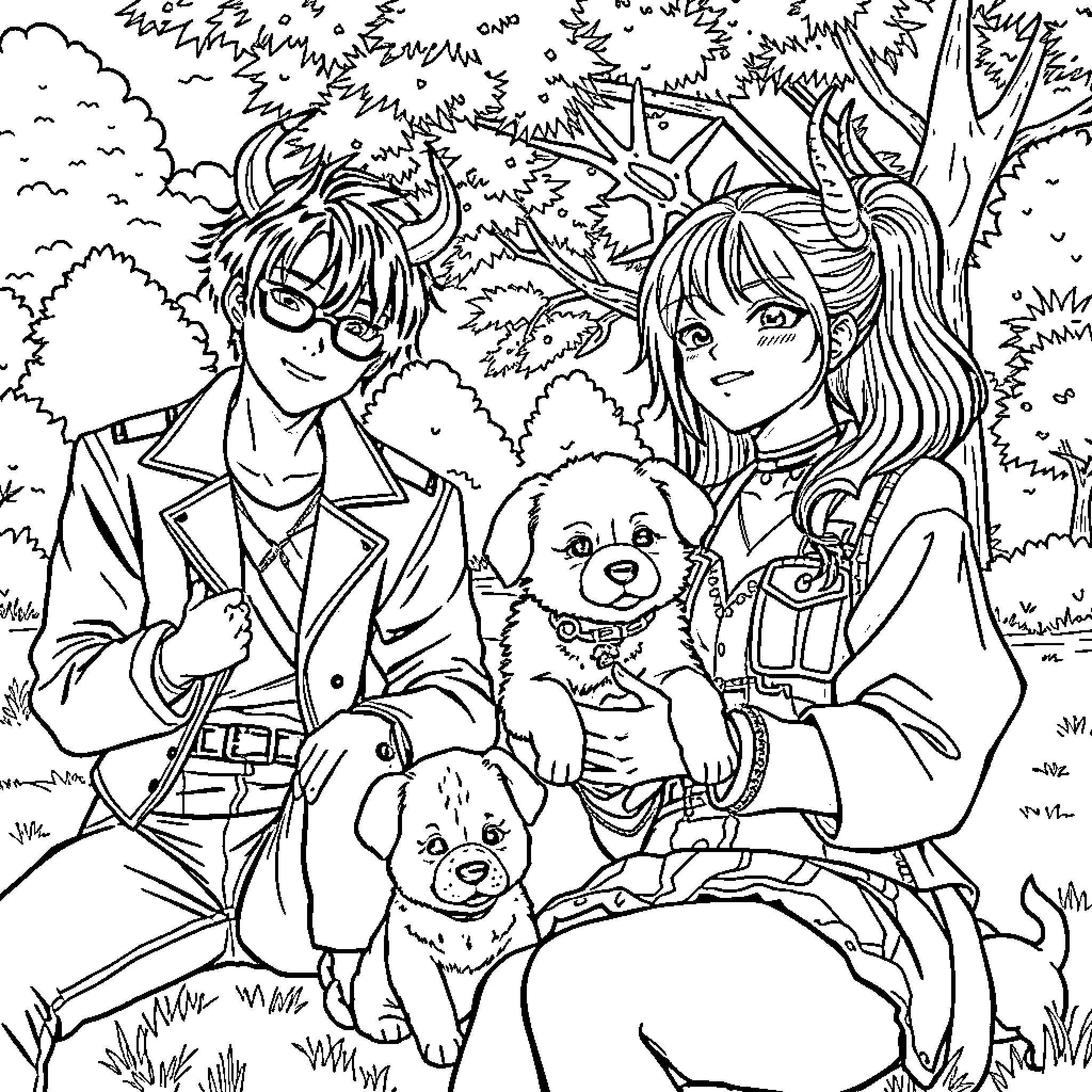 Kpop Idols Posing Playfully in Nature Coloring Page (free black-and-white line drawing printable PDF for all, from beginners to advanced learners, including children, teens, adults, and seniors)