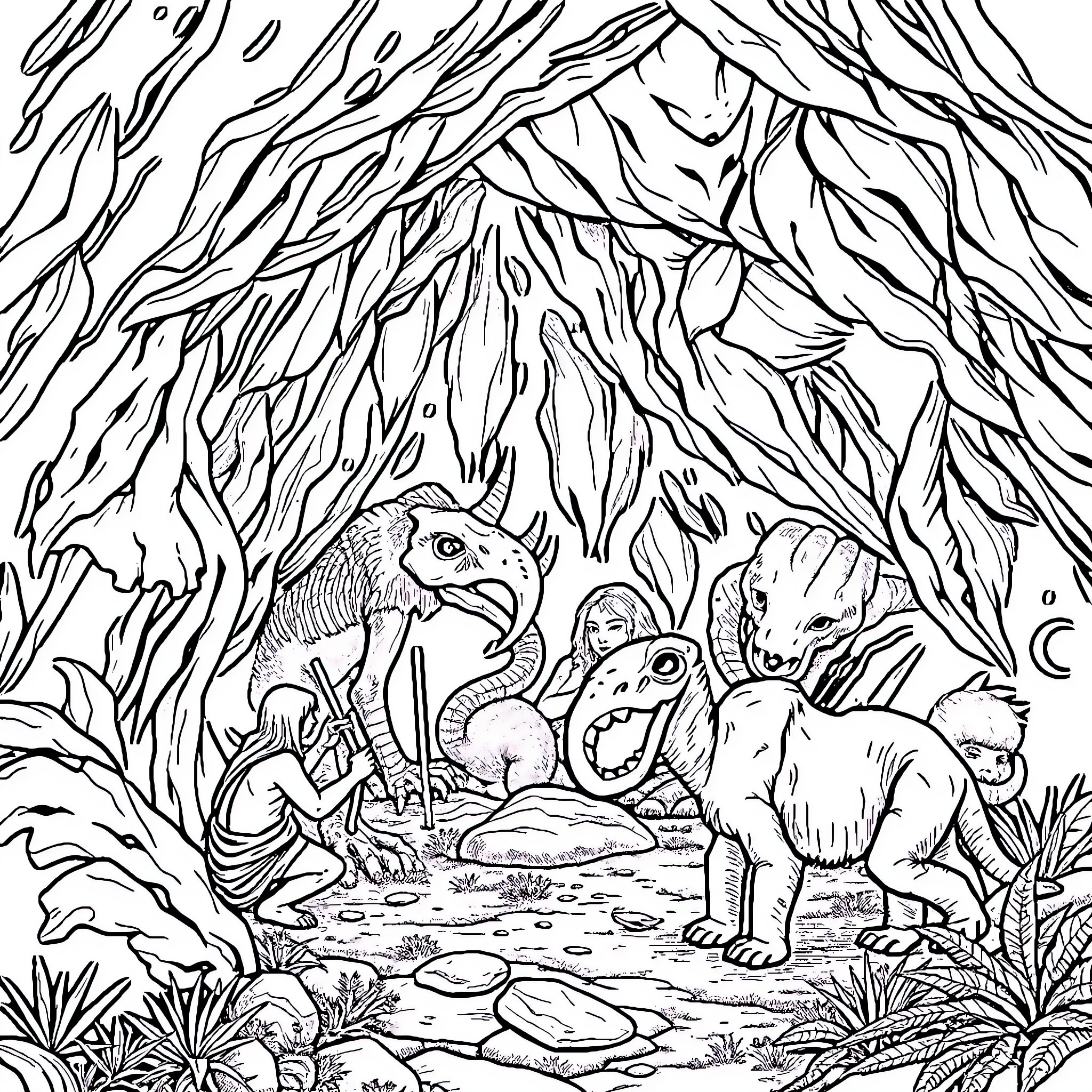 Prehistory scene with prehistoric creatures in the forest Coloring Page (free black-and-white line drawing printable PDF for all, from beginners to advanced learners, including children, teens, adults, and seniors)