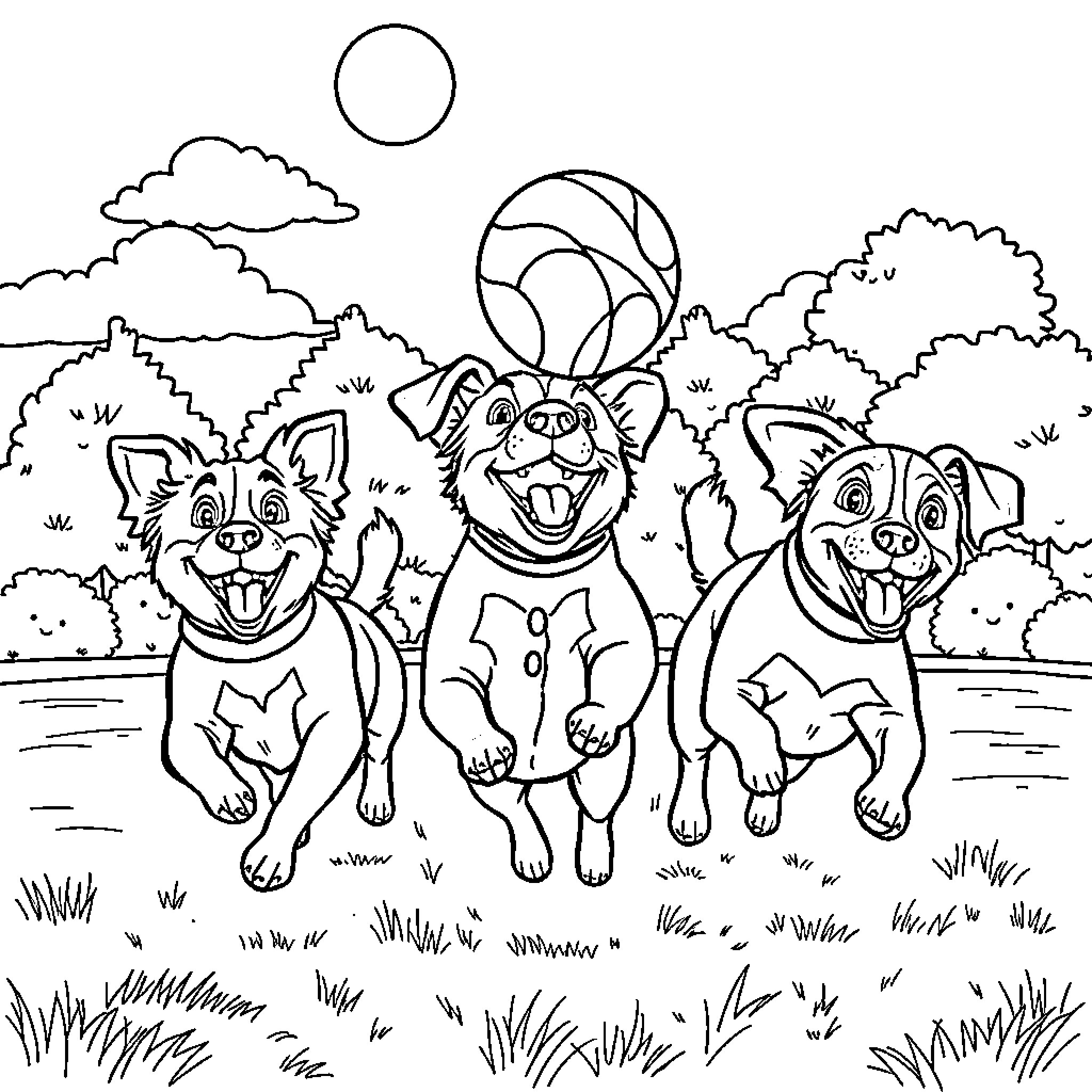 Dogs playing with a ball in a park Coloring Page (free black-and-white line drawing printable PDF for all, from beginners to advanced learners, including children, teens, adults, and seniors)