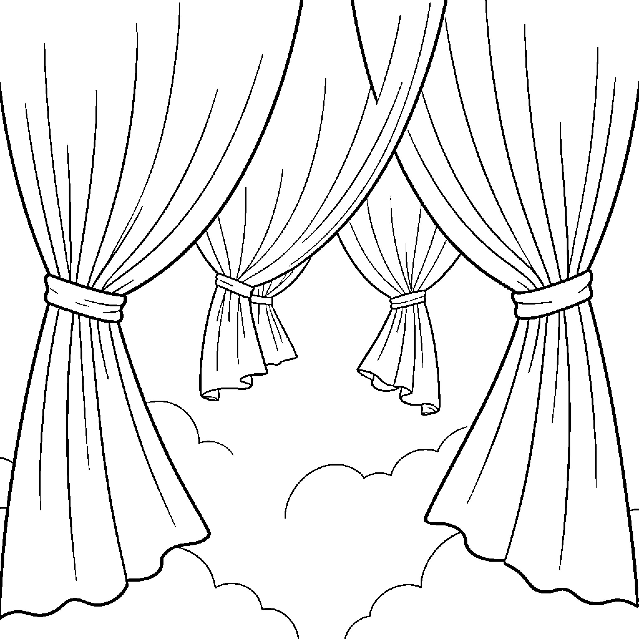Wing Opening Stage Curtains Coloring Page (free black-and-white line drawing printable PDF for all, from beginners to advanced learners, including children, teens, adults, and seniors)