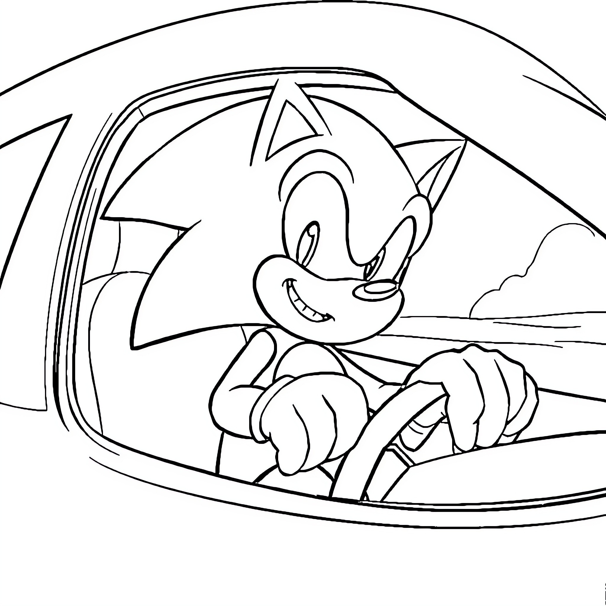 Sonic enjoying a speedy car ride through the countryside Coloring Page (free black-and-white line drawing printable PDF for all, from beginners to advanced learners, including children, teens, adults, and seniors)