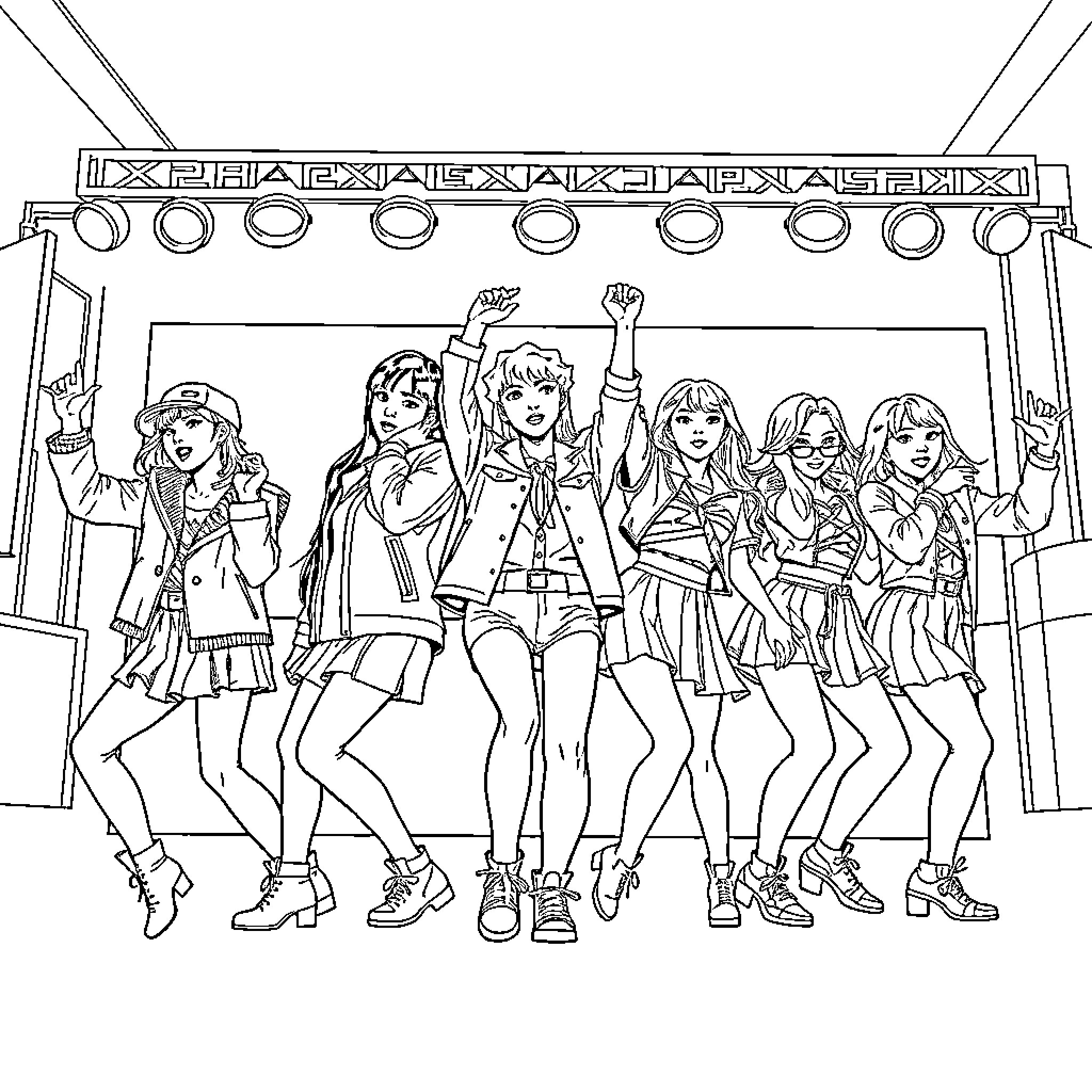 Kpop Performers Energetically Entertaining on Stage Coloring Page (free black-and-white line drawing printable PDF for all, from beginners to advanced learners, including children, teens, adults, and seniors)