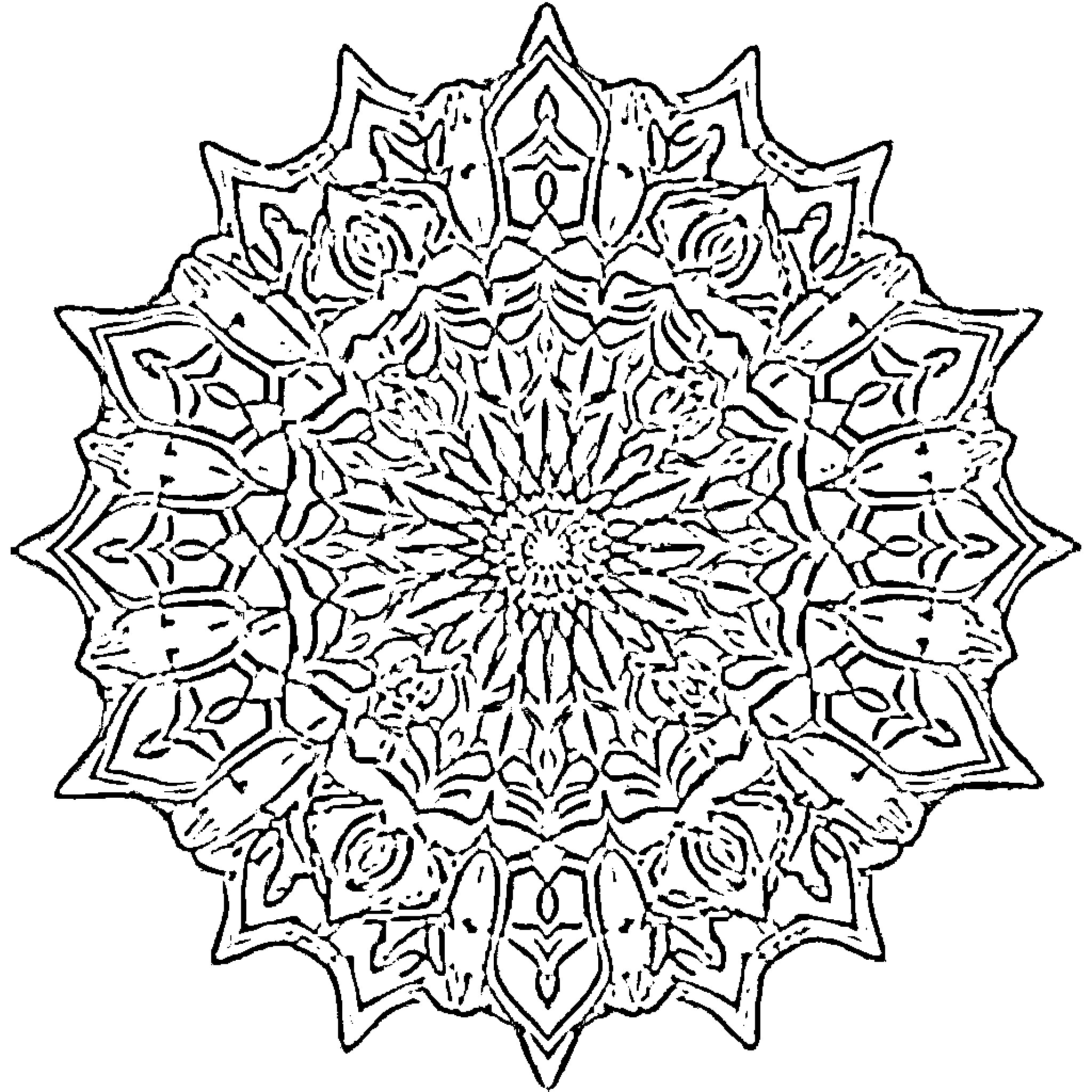 Mandala with intricate floral patterns Coloring Page (free black-and-white line drawing printable PDF for all, from beginners to advanced learners, including children, teens, adults, and seniors)