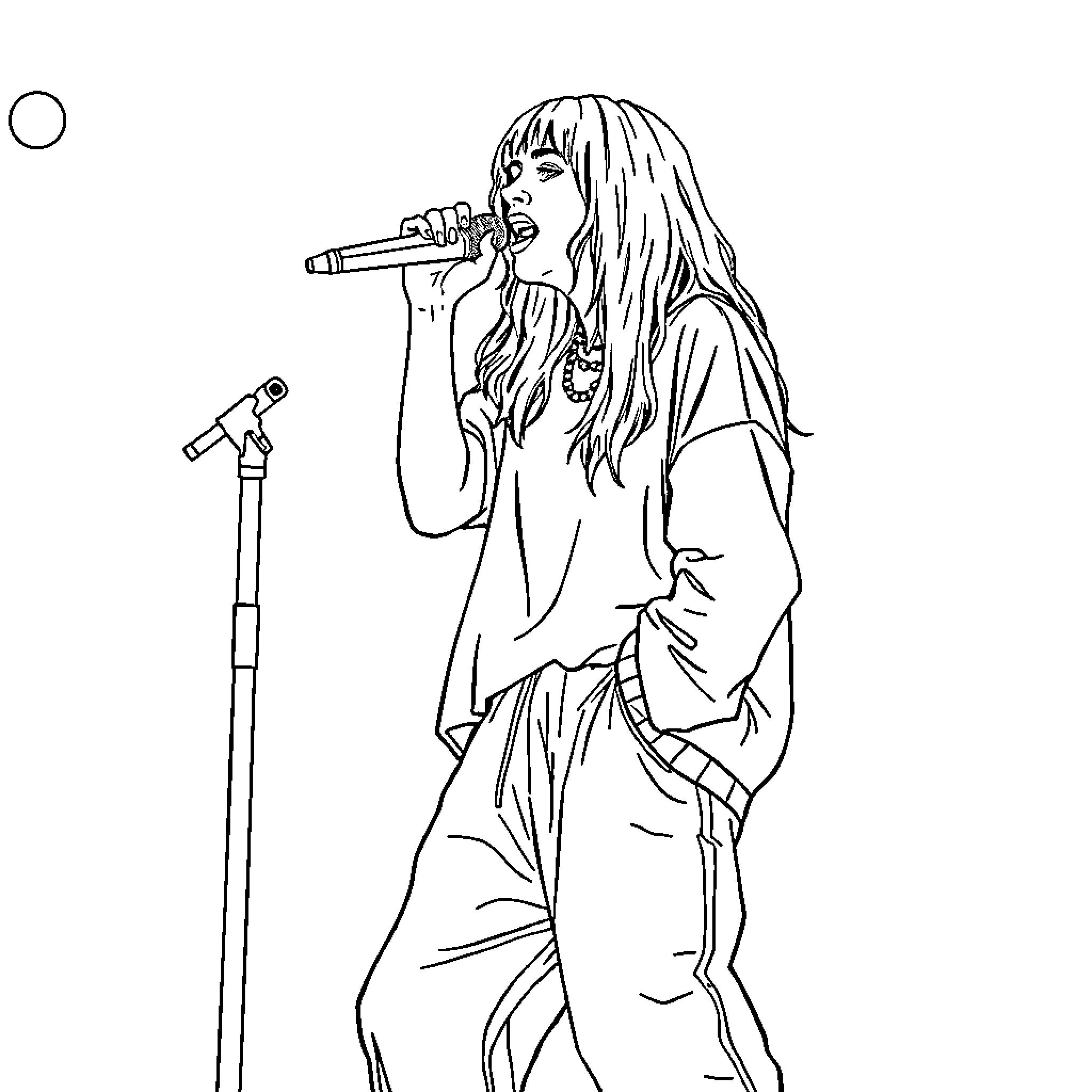 Billie Eilish performing on stage with a microphone Coloring Page (free black-and-white line drawing printable PDF for all, from beginners to advanced learners, including children, teens, adults, and seniors)